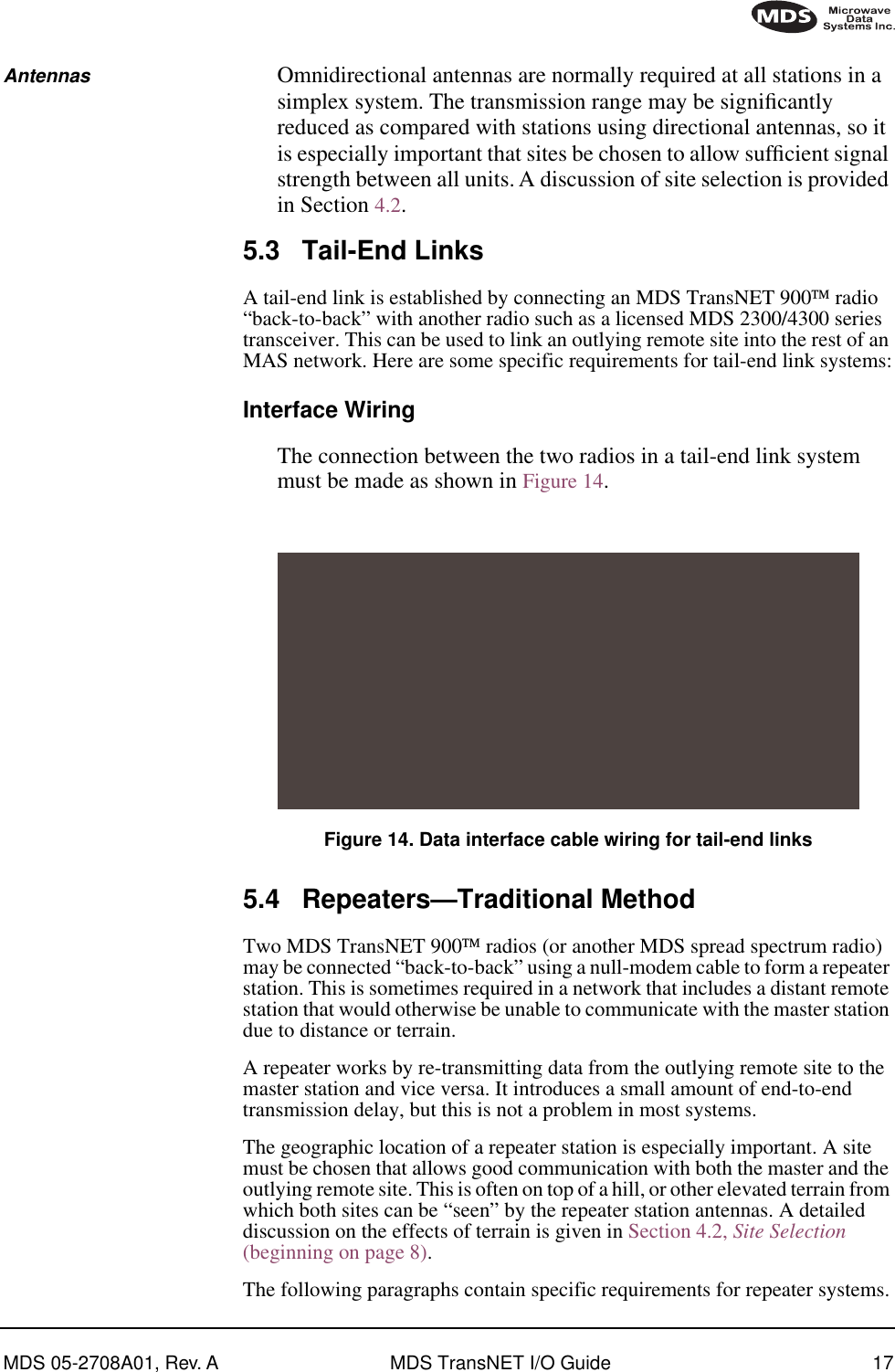 MDS 05-2708A01, Rev. A MDS TransNET I/O Guide 17Antennas Omnidirectional antennas are normally required at all stations in a simplex system. The transmission range may be signiﬁcantly reduced as compared with stations using directional antennas, so it is especially important that sites be chosen to allow sufﬁcient signal strength between all units. A discussion of site selection is provided in Section 4.2.5.3 Tail-End LinksA tail-end link is established by connecting an MDS TransNET 900 radio “back-to-back” with another radio such as a licensed MDS 2300/4300 series transceiver. This can be used to link an outlying remote site into the rest of an MAS network. Here are some specific requirements for tail-end link systems:Interface WiringThe connection between the two radios in a tail-end link system must be made as shown in Figure 14.Figure 14. Data interface cable wiring for tail-end links5.4 Repeaters—Traditional MethodTwo MDS TransNET 900 radios (or another MDS spread spectrum radio) may be connected “back-to-back” using a null-modem cable to form a repeater station. This is sometimes required in a network that includes a distant remote station that would otherwise be unable to communicate with the master station due to distance or terrain.A repeater works by re-transmitting data from the outlying remote site to the master station and vice versa. It introduces a small amount of end-to-end transmission delay, but this is not a problem in most systems.The geographic location of a repeater station is especially important. A site must be chosen that allows good communication with both the master and the outlying remote site. This is often on top of a hill, or other elevated terrain from which both sites can be “seen” by the repeater station antennas. A detailed discussion on the effects of terrain is given in Section 4.2, Site Selection (beginning on page 8).The following paragraphs contain specific requirements for repeater systems.