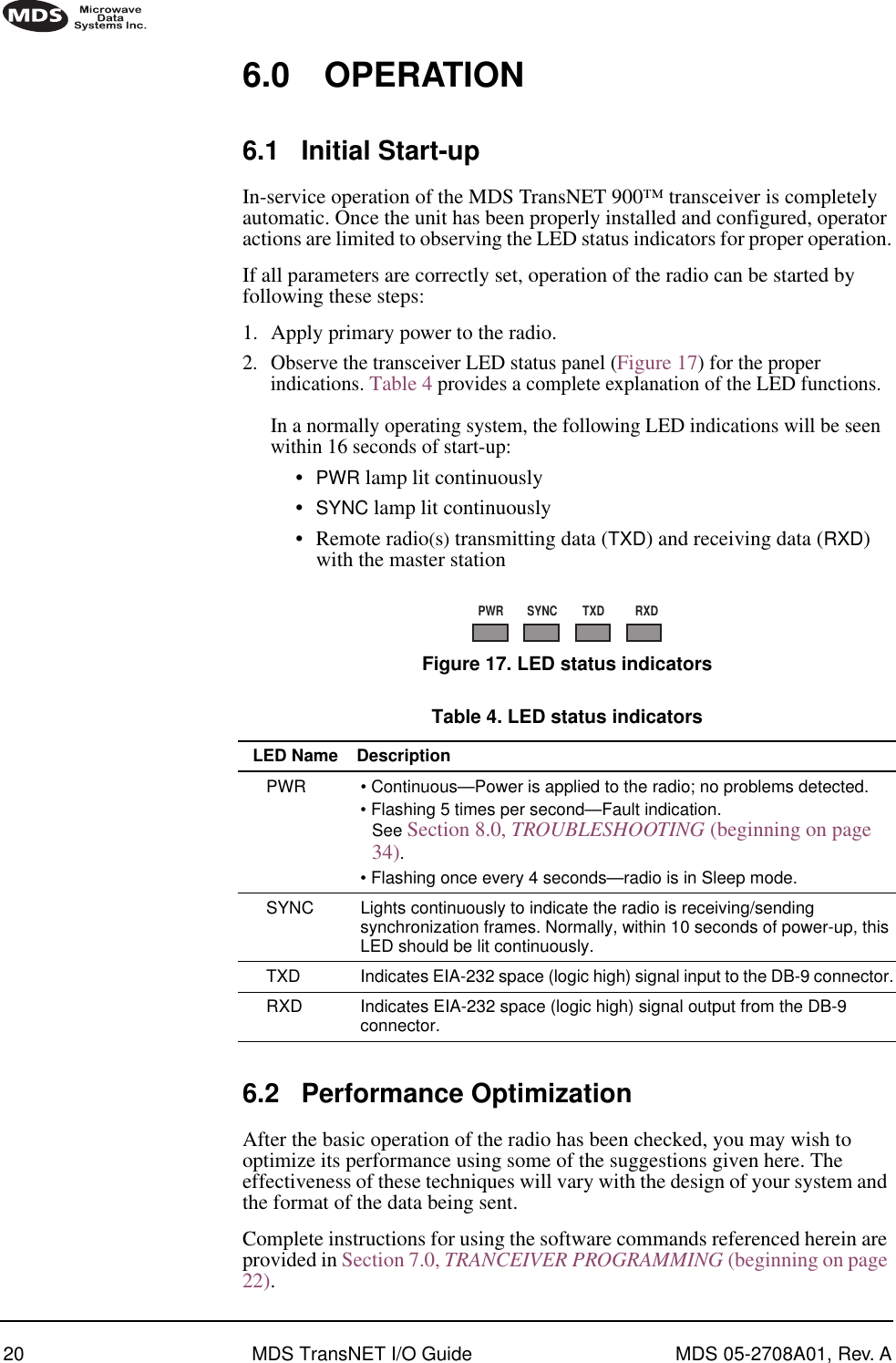 20 MDS TransNET I/O Guide MDS 05-2708A01, Rev. A6.0 OPERATION6.1 Initial Start-upIn-service operation of the MDS TransNET 900™ transceiver is completely automatic. Once the unit has been properly installed and configured, operator actions are limited to observing the LED status indicators for proper operation.If all parameters are correctly set, operation of the radio can be started by following these steps:1. Apply primary power to the radio.2. Observe the transceiver LED status panel (Figure 17) for the proper indications. Table 4 provides a complete explanation of the LED functions.In a normally operating system, the following LED indications will be seen within 16 seconds of start-up:•PWR lamp lit continuously•SYNC lamp lit continuously•Remote radio(s) transmitting data (TXD) and receiving data (RXD) with the master stationInvisible place holderFigure 17. LED status indicators6.2 Performance OptimizationAfter the basic operation of the radio has been checked, you may wish to optimize its performance using some of the suggestions given here. The effectiveness of these techniques will vary with the design of your system and the format of the data being sent.Complete instructions for using the software commands referenced herein are provided in Section 7.0, TRANCEIVER PROGRAMMING (beginning on page 22).PWR SYNC TXD RXDTable 4. LED status indicators LED Name DescriptionPWR • Continuous—Power is applied to the radio; no problems detected.• Flashing 5 times per second—Fault indication.See Section 8.0, TROUBLESHOOTING (beginning on page 34).• Flashing once every 4 seconds—radio is in Sleep mode.SYNC Lights continuously to indicate the radio is receiving/sending synchronization frames. Normally, within 10 seconds of power-up, this LED should be lit continuously.TXD Indicates EIA-232 space (logic high) signal input to the DB-9 connector.RXD Indicates EIA-232 space (logic high) signal output from the DB-9 connector.