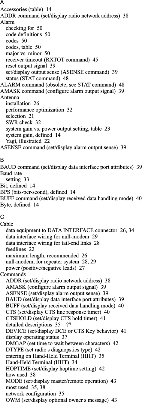 AAccessories (table) 14ADDR command (set/display radio network address) 38Alarmchecking for 50code definitions 50codes 50codes, table 50major vs. minor 50receiver timeout (RXTOT command) 45reset output signal 39set/display output sense (ASENSE command) 39status (STAT command) 48ALARM command (obsolete; see STAT command) 48AMASK command (configure alarm output signal) 39Antennainstallation 26performance optimization 32selection 21SWR check 32system gain vs. power output setting, table 23system gain, defined 14Yagi, illustrated 22ASENSE command (set/display alarm output sense) 39BBAUD command (set/display data interface port attributes) 39Baud ratesetting 33Bit, defined 14BPS (bits-per-seond), defined 14BUFF command (set/display received data handling mode) 40Byte, defined 14CCabledata equipment to DATA INTERFACE connector 26, 34data interface wiring for null-modem 29data interface wiring for tail-end links 28feedlines 22maximum length, recommended 26null-modem, for repeater system 28, 29power (positive/negative leads) 27CommandsADDR (set/display radio network address) 38AMASK (configure alarm output signal) 39ASENSE (set/display alarm output sense) 39BAUD (set/display data interface port attributes) 39BUFF (set/display received data handling mode) 40CTS (set/display CTS line response timer) 40CTSHOLD (set/display CTS hold timer) 41detailed descriptions 35—??DEVICE (set/display DCE or CTS Key behavior) 41display operating status 37DMGAP (set time to wait between characters) 42DTYPE (set radio s diagnopstics type) 42entering on Hand-Held Terminal (HHT) 35Hand-Held Terminal (HHT) 34HOPTIME (set/display hoptime setting) 42how used 38MODE (set/display master/remote operation) 43most used 35, 38network configuration 35OWM (set/display optional owner s message) 43