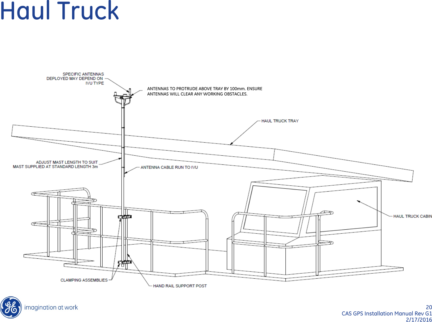 20  CAS GPS Installation Manual Rev G1 2/17/2016 Haul Truck ANTENNAS TO PROTRUDE ABOVE TRAY BY 100mm. ENSURE ANTENNAS WILL CLEAR ANY WORKING OBSTACLES. 