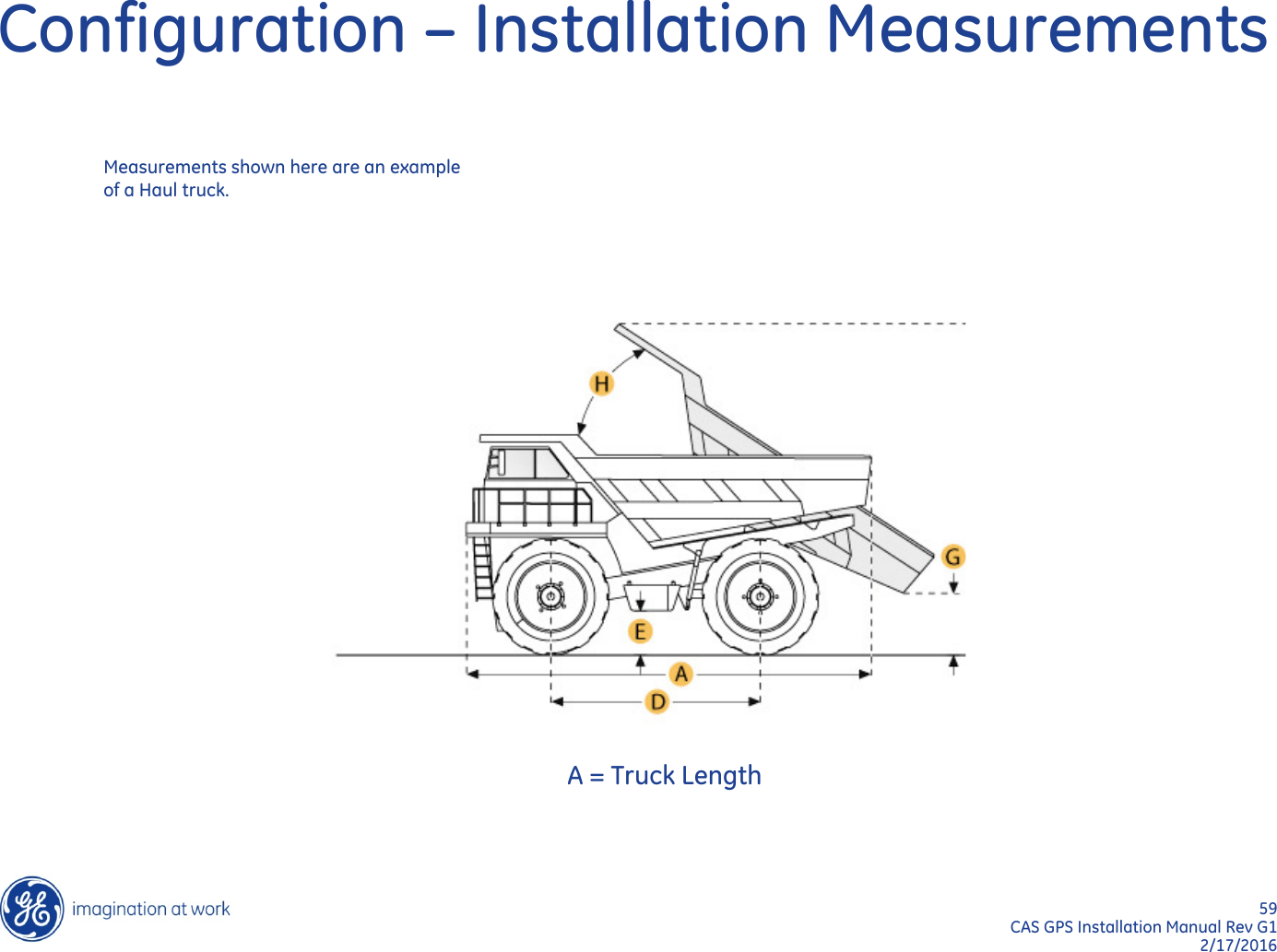 59  CAS GPS Installation Manual Rev G1 2/17/2016 Configuration – Installation Measurements A = Truck Length Measurements shown here are an example of a Haul truck. 