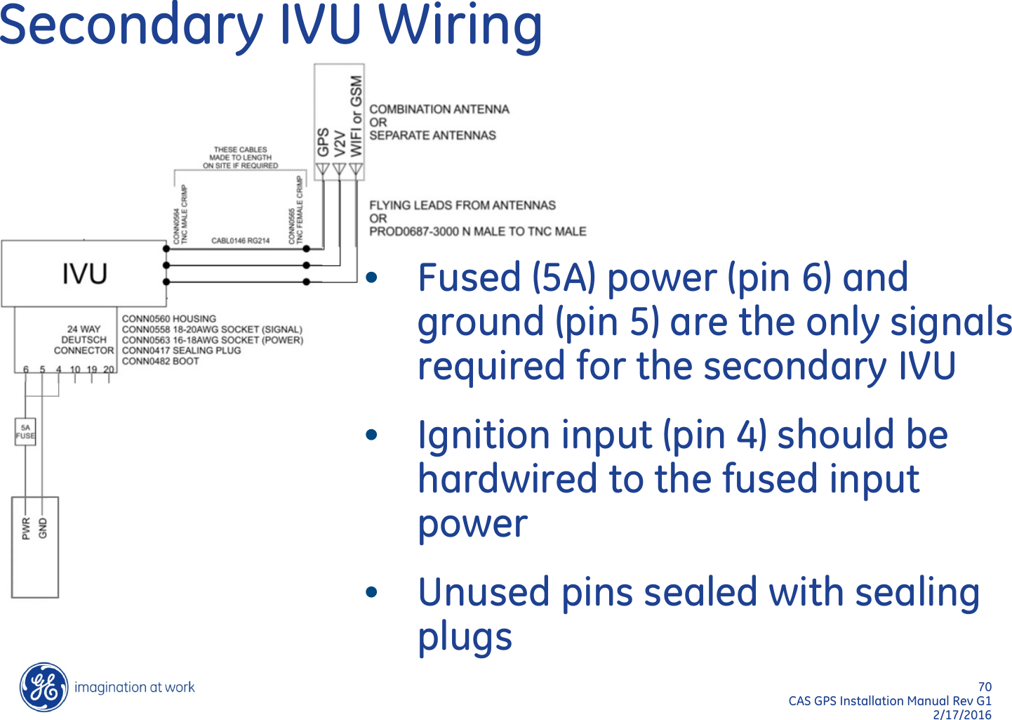 70  CAS GPS Installation Manual Rev G1 2/17/2016 Secondary IVU Wiring •Fused (5A) power (pin 6) and ground (pin 5) are the only signals required for the secondary IVU •Ignition input (pin 4) should be hardwired to the fused input power •Unused pins sealed with sealing plugs 