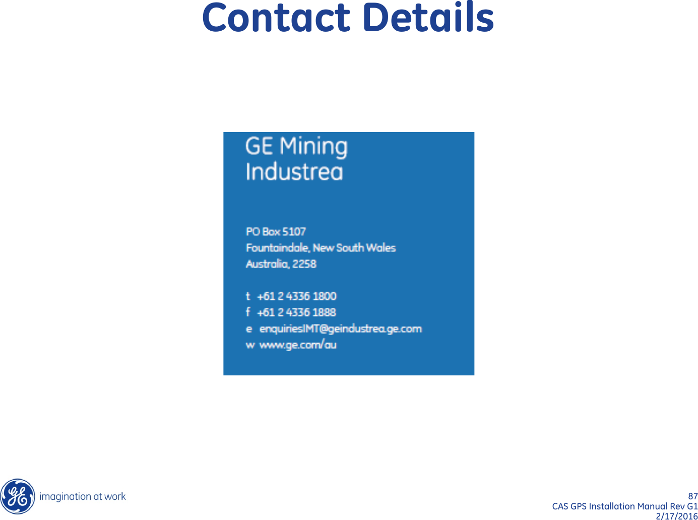 87  CAS GPS Installation Manual Rev G1 2/17/2016 Contact Details 