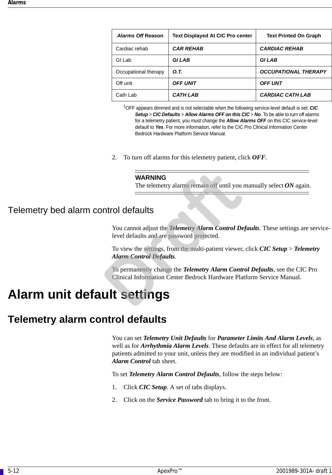 5-12 ApexPro™ 2001989-301A- draft 1Alarms2. To turn off alarms for this telemetry patient, click OFF.WARNINGThe telemetry alarms remain off until you manually select ON again.Telemetry bed alarm control defaultsYou cannot adjust the Telemetry Alarm Control Defaults. These settings are service-level defaults and are password protected.To view the settings, from the multi-patient viewer, click CIC Setup &gt; Telemetry Alarm Control Defaults.To permanently change the Telemetry Alarm Control Defaults, see the CIC Pro Clinical Information Center Bedrock Hardware Platform Service Manual.Alarm unit default settingsTelemetry alarm control defaultsYou can set Telemetry Unit Defaults for Parameter Limits And Alarm Levels, as well as for Arrhythmia Alarm Levels. These defaults are in effect for all telemetry patients admitted to your unit, unless they are modified in an individual patient’s Alarm Control tab sheet.To set Telemetry Alarm Control Defaults, follow the steps below:1. Click CIC Setup. A set of tabs displays.2. Click on the Service Password tab to bring it to the front.Cardiac rehab CAR REHAB CARDIAC REHABGI Lab GI LAB GI LABOccupational therapy O.T. OCCUPATIONAL THERAPYOff unit OFF UNIT OFF UNTCath Lab CATH LAB CARDIAC CATH LAB1OFF appears dimmed and is not selectable when the following service-level default is set: CIC Setup &gt; CIC Defaults &gt; Allow Alarms OFF on this CIC &gt; No. To be able to turn off alarms for a telemetry patient, you must change the Allow Alarms OFF on this CIC service-level default to Yes. For more information, refer to the CIC Pro Clinical Information Center Bedrock Hardware Platform Service Manual.Alarms Off Reason Text Displayed At CIC Pro center Text Printed On GraphDraft