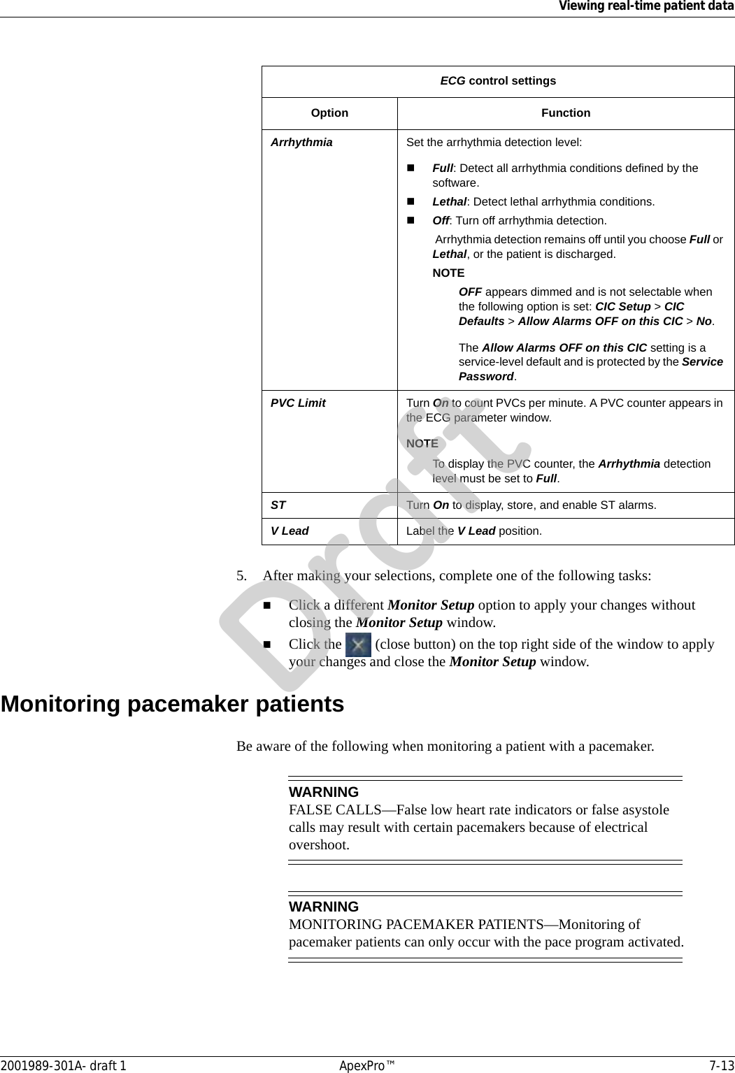 Viewing real-time patient data2001989-301A- draft 1 ApexPro™ 7-135. After making your selections, complete one of the following tasks:Click a different Monitor Setup option to apply your changes without closing the Monitor Setup window.Click the   (close button) on the top right side of the window to apply your changes and close the Monitor Setup window.Monitoring pacemaker patientsBe aware of the following when monitoring a patient with a pacemaker.WARNINGFALSE CALLS—False low heart rate indicators or false asystole calls may result with certain pacemakers because of electrical overshoot.WARNINGMONITORING PACEMAKER PATIENTS—Monitoring of pacemaker patients can only occur with the pace program activated.Arrhythmia Set the arrhythmia detection level:Full: Detect all arrhythmia conditions defined by the software.Lethal: Detect lethal arrhythmia conditions.Off: Turn off arrhythmia detection. Arrhythmia detection remains off until you choose Full or Lethal, or the patient is discharged.NOTEOFF appears dimmed and is not selectable when the following option is set: CIC Setup &gt; CIC Defaults &gt; Allow Alarms OFF on this CIC &gt; No. The Allow Alarms OFF on this CIC setting is a service-level default and is protected by the Service Password.PVC Limit Turn On to count PVCs per minute. A PVC counter appears in the ECG parameter window.NOTETo display the PVC counter, the Arrhythmia detection level must be set to Full.ST Turn On to display, store, and enable ST alarms.V Lead Label the V Lead position.ECG control settingsOption FunctionDraft
