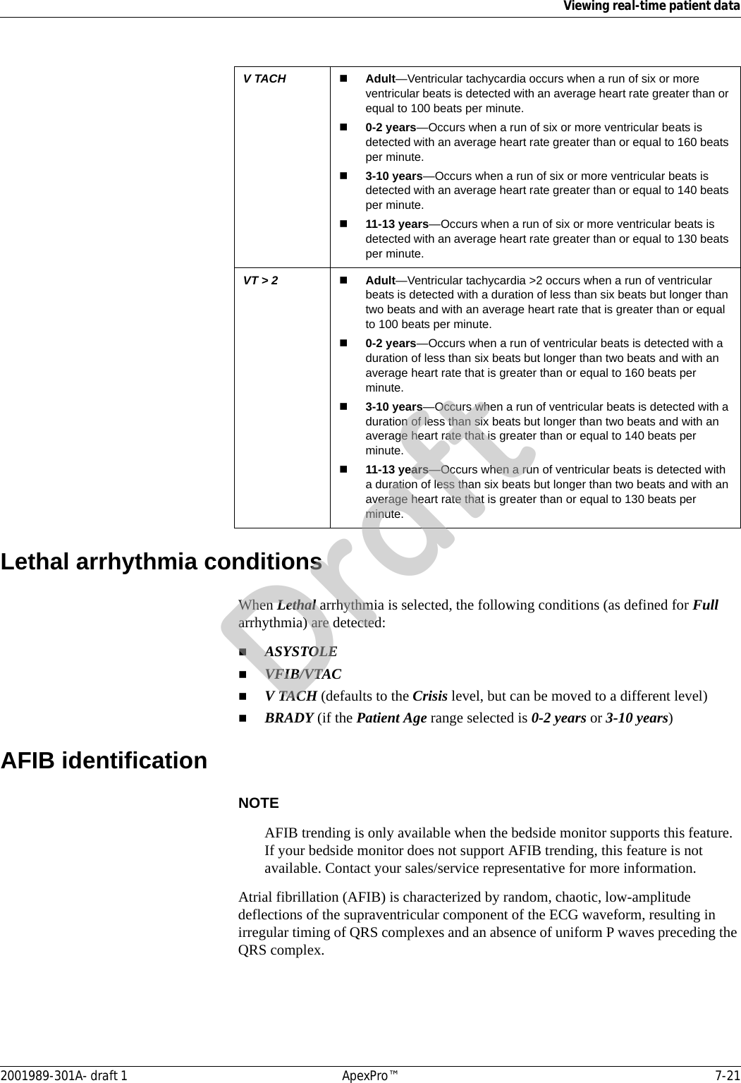 Viewing real-time patient data2001989-301A- draft 1 ApexPro™ 7-21Lethal arrhythmia conditionsWhen Lethal arrhythmia is selected, the following conditions (as defined for Full arrhythmia) are detected:ASYSTOLEVFIB/VTACV TACH (defaults to the Crisis level, but can be moved to a different level)BRADY (if the Patient Age range selected is 0-2 years or 3-10 years)AFIB identificationNOTEAFIB trending is only available when the bedside monitor supports this feature. If your bedside monitor does not support AFIB trending, this feature is not available. Contact your sales/service representative for more information.Atrial fibrillation (AFIB) is characterized by random, chaotic, low-amplitude deflections of the supraventricular component of the ECG waveform, resulting in irregular timing of QRS complexes and an absence of uniform P waves preceding the QRS complex. V TACH Adult—Ventricular tachycardia occurs when a run of six or more ventricular beats is detected with an average heart rate greater than or equal to 100 beats per minute.0-2 years—Occurs when a run of six or more ventricular beats is detected with an average heart rate greater than or equal to 160 beats per minute.3-10 years—Occurs when a run of six or more ventricular beats is detected with an average heart rate greater than or equal to 140 beats per minute.11-13 years—Occurs when a run of six or more ventricular beats is detected with an average heart rate greater than or equal to 130 beats per minute.VT &gt; 2 Adult—Ventricular tachycardia &gt;2 occurs when a run of ventricular beats is detected with a duration of less than six beats but longer than two beats and with an average heart rate that is greater than or equal to 100 beats per minute.0-2 years—Occurs when a run of ventricular beats is detected with a duration of less than six beats but longer than two beats and with an average heart rate that is greater than or equal to 160 beats per minute.3-10 years—Occurs when a run of ventricular beats is detected with a duration of less than six beats but longer than two beats and with an average heart rate that is greater than or equal to 140 beats per minute.11-13 years—Occurs when a run of ventricular beats is detected with a duration of less than six beats but longer than two beats and with an average heart rate that is greater than or equal to 130 beats per minute.Draft