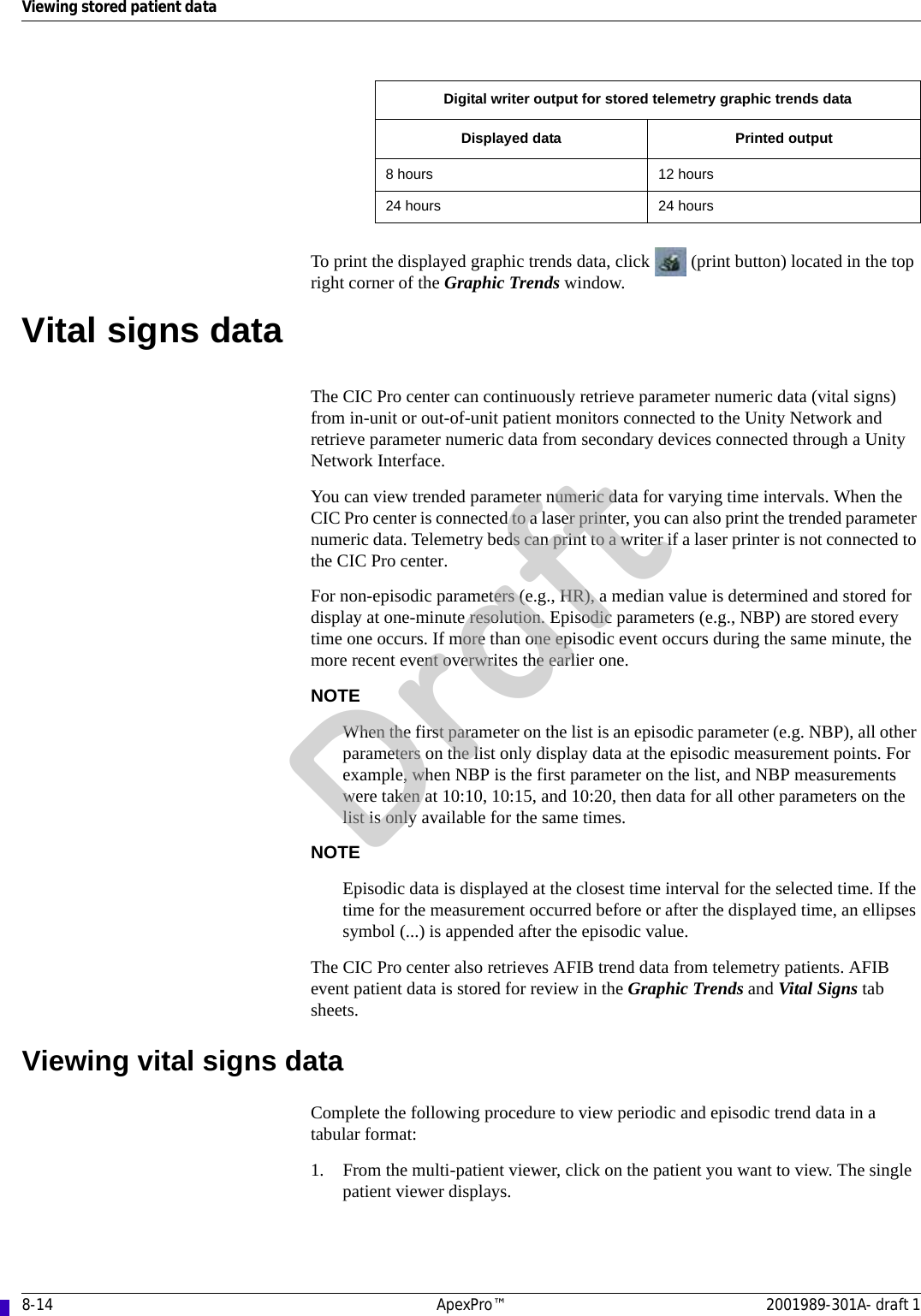 8-14 ApexPro™ 2001989-301A- draft 1Viewing stored patient dataTo print the displayed graphic trends data, click   (print button) located in the top right corner of the Graphic Trends window.Vital signs dataThe CIC Pro center can continuously retrieve parameter numeric data (vital signs) from in-unit or out-of-unit patient monitors connected to the Unity Network and retrieve parameter numeric data from secondary devices connected through a Unity Network Interface. You can view trended parameter numeric data for varying time intervals. When the CIC Pro center is connected to a laser printer, you can also print the trended parameter numeric data. Telemetry beds can print to a writer if a laser printer is not connected to the CIC Pro center.For non-episodic parameters (e.g., HR), a median value is determined and stored for display at one-minute resolution. Episodic parameters (e.g., NBP) are stored every time one occurs. If more than one episodic event occurs during the same minute, the more recent event overwrites the earlier one.NOTEWhen the first parameter on the list is an episodic parameter (e.g. NBP), all other parameters on the list only display data at the episodic measurement points. For example, when NBP is the first parameter on the list, and NBP measurements were taken at 10:10, 10:15, and 10:20, then data for all other parameters on the list is only available for the same times.NOTEEpisodic data is displayed at the closest time interval for the selected time. If the time for the measurement occurred before or after the displayed time, an ellipses symbol (...) is appended after the episodic value.The CIC Pro center also retrieves AFIB trend data from telemetry patients. AFIB event patient data is stored for review in the Graphic Trends and Vital Signs tab sheets.Viewing vital signs dataComplete the following procedure to view periodic and episodic trend data in a tabular format:1. From the multi-patient viewer, click on the patient you want to view. The single patient viewer displays.8 hours 12 hours24 hours 24 hoursDigital writer output for stored telemetry graphic trends dataDisplayed data Printed outputDraft