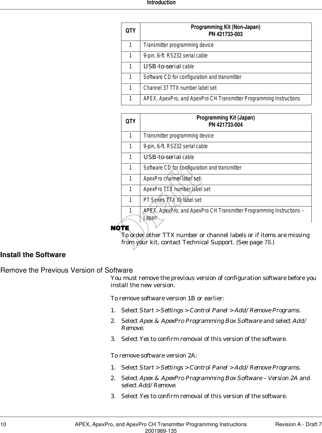 10 APEX, ApexPro, and ApexPro CH Transmitter Programming Instructions Revision A - Draft 72001989-135IntroductionNOTENOTENOTENOTETo order other TTX number or channel labels or if items are missing from your kit, contact Technical Support. (See page 78.)Install the SoftwareRemove the Previous Version of SoftwareYou must remove the previous version of configuration software before you install the new version.To remove software version 1B or earlier:1. Select Start &gt; Settings &gt; Control Panel &gt; Add/Remove Programs.2. Select Apex &amp; ApexPro Programming Box Software and select Add/Remove.3. Select Yes to confirm removal of this version of the software.To remove software version 2A:1. Select Start &gt; Settings &gt; Control Panel &gt; Add/Remove Programs.2. Select Apex &amp; ApexPro Programming Box Software – Version 2A and select Add/Remove.3. Select Yes to confirm removal of this version of the software.QTY Programming Kit (Non-Japan)PN 421733-0031 Transmitter programming device1 9-pin, 6-ft. RS232 serial cable1USB-to-serial cable1 Software CD for configuration and transmitter1 Channel 37 TTX number label set1 APEX, ApexPro, and ApexPro CH Transmitter Programming InstructionsQTY Programming Kit (Japan)PN 421733-0041 Transmitter programming device1 9-pin, 6-ft. RS232 serial cable1USB-to-serial cable1 Software CD for configuration and transmitter1 ApexPro channel label set1 ApexPro TTX number label set1 PT Series TTX ID label set1 APEX, ApexPro, and ApexPro CH Transmitter Programming Instructions – JapanDraft