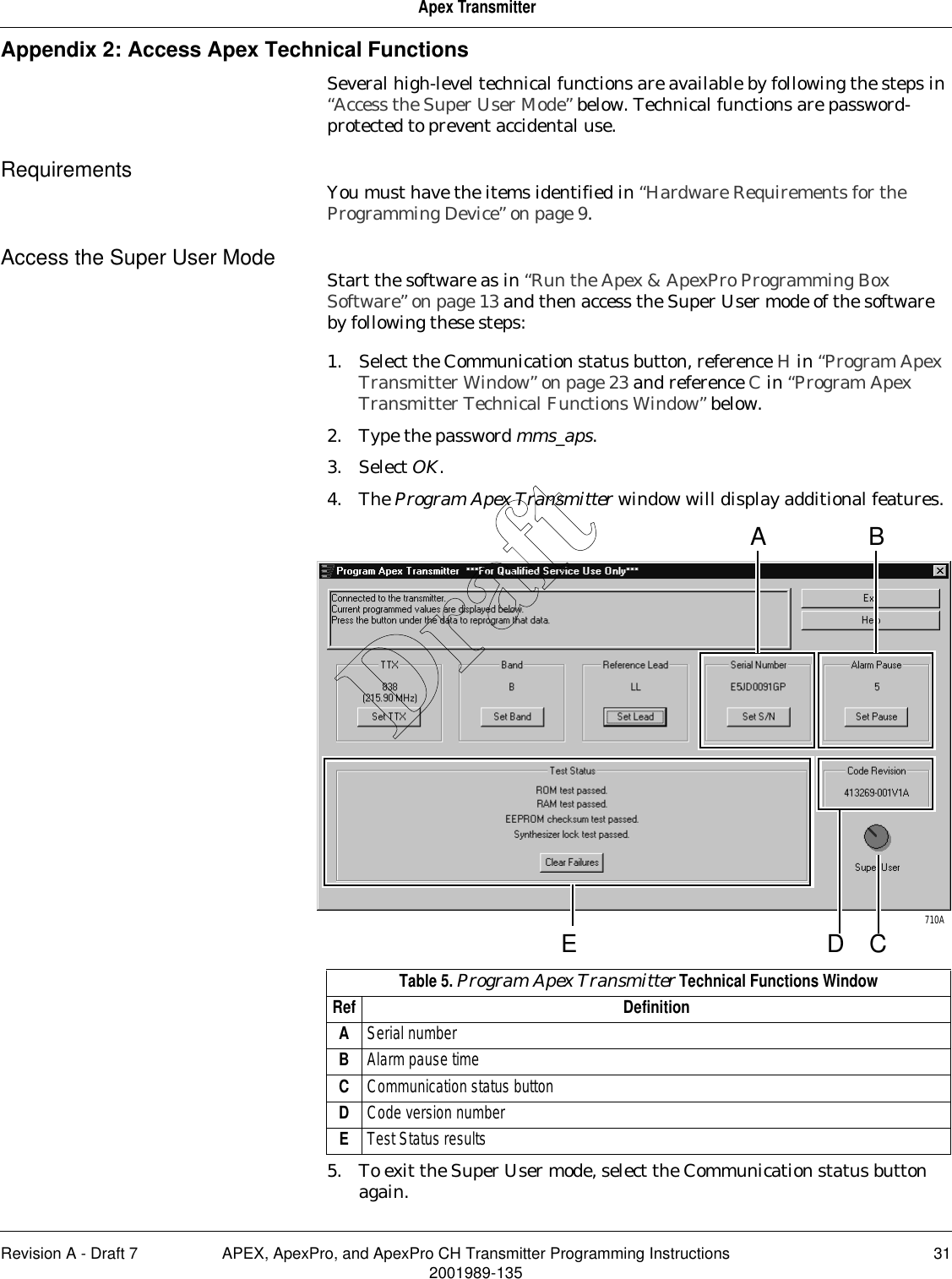 Revision A - Draft 7 APEX, ApexPro, and ApexPro CH Transmitter Programming Instructions 312001989-135Apex TransmitterAppendix 2: Access Apex Technical FunctionsSeveral high-level technical functions are available by following the steps in “Access the Super User Mode” below. Technical functions are password-protected to prevent accidental use.Requirements You must have the items identified in “Hardware Requirements for the Programming Device” on page 9.Access the Super User Mode Start the software as in “Run the Apex &amp; ApexPro Programming Box Software” on page 13 and then access the Super User mode of the software by following these steps:1. Select the Communication status button, reference H in “Program Apex Transmitter Window” on page 23 and reference C in “Program Apex Transmitter Technical Functions Window” below.2. Type the password mms_aps.3. Select OK.4. The Program Apex Transmitter window will display additional features.5. To exit the Super User mode, select the Communication status button again.710ACEA BDTable 5. Program Apex Transmitter Technical Functions WindowRef DefinitionASerial numberBAlarm pause timeCCommunication status buttonDCode version numberETest Status resultsDraft