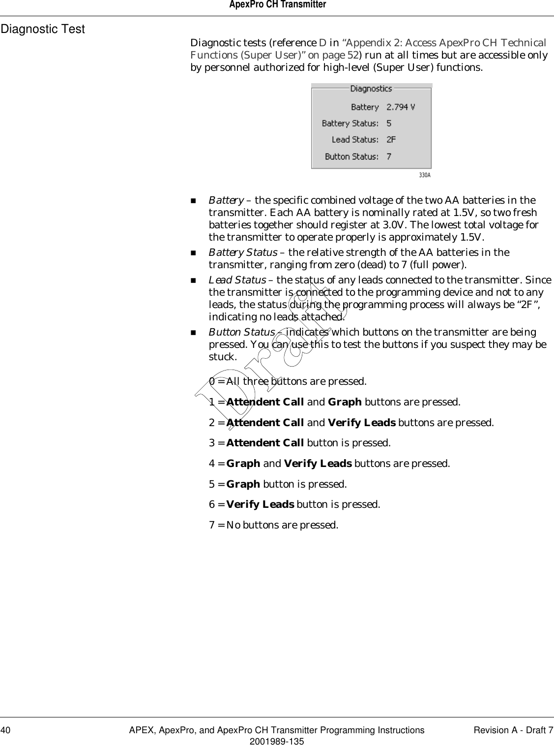 40 APEX, ApexPro, and ApexPro CH Transmitter Programming Instructions Revision A - Draft 72001989-135ApexPro CH TransmitterDiagnostic Test Diagnostic tests (reference D in “Appendix 2: Access ApexPro CH Technical Functions (Super User)” on page 52) run at all times but are accessible only by personnel authorized for high-level (Super User) functions.Battery – the specific combined voltage of the two AA batteries in the transmitter. Each AA battery is nominally rated at 1.5V, so two fresh batteries together should register at 3.0V. The lowest total voltage for the transmitter to operate properly is approximately 1.5V.Battery Status – the relative strength of the AA batteries in the transmitter, ranging from zero (dead) to 7 (full power).Lead Status – the status of any leads connected to the transmitter. Since the transmitter is connected to the programming device and not to any leads, the status during the programming process will always be “2F”, indicating no leads attached.Button Status – indicates which buttons on the transmitter are being pressed. You can use this to test the buttons if you suspect they may be stuck.0 = All three buttons are pressed.1 = Attendent Call and Graph buttons are pressed.2 = Attendent Call and Verify Leads buttons are pressed.3 = Attendent Call button is pressed.4 = Graph and Verify Leads buttons are pressed.5 = Graph button is pressed.6 = Verify Leads button is pressed.7 = No buttons are pressed.330ADraft