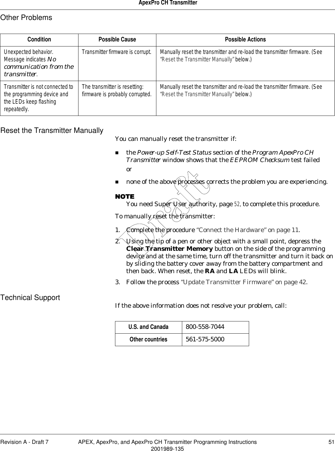 Revision A - Draft 7 APEX, ApexPro, and ApexPro CH Transmitter Programming Instructions 512001989-135ApexPro CH TransmitterOther ProblemsReset the Transmitter Manually You can manually reset the transmitter if:the Power-up Self-Test Status section of the Program ApexPro CH Transmitter window shows that the EEPROM Checksum test failedornone of the above processes corrects the problem you are experiencing.NOTENOTENOTENOTEYou need Super User authority, page 52, to complete this procedure.To manually reset the transmitter:1. Complete the procedure “Connect the Hardware” on page 11.2. Using the tip of a pen or other object with a small point, depress the Clear Transmitter Memory button on the side of the programming device and at the same time, turn off the transmitter and turn it back on by sliding the battery cover away from the battery compartment and then back. When reset, the RA and LA LEDs will blink.3. Follow the process “Update Transmitter Firmware” on page 42.Technical Support If the above information does not resolve your problem, call:Condition Possible Cause Possible ActionsUnexpected behavior. Message indicates No communication from the transmitter.Transmitter firmware is corrupt.  Manually reset the transmitter and re-load the transmitter firmware. (See “Reset the Transmitter Manually” below.)Transmitter is not connected to the programming device and the LEDs keep flashing repeatedly.The transmitter is resetting: firmware is probably corrupted. Manually reset the transmitter and re-load the transmitter firmware. (See “Reset the Transmitter Manually” below.)U.S. and Canada 800-558-7044Other countries 561-575-5000Draft