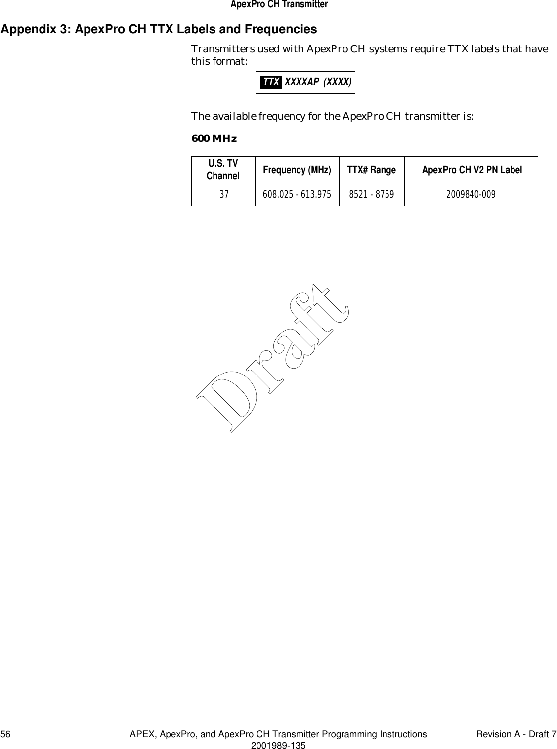 56 APEX, ApexPro, and ApexPro CH Transmitter Programming Instructions Revision A - Draft 72001989-135ApexPro CH TransmitterAppendix 3: ApexPro CH TTX Labels and FrequenciesTransmitters used with ApexPro CH systems require TTX labels that have this format:The available frequency for the ApexPro CH transmitter is:600 MHzU.S. TV Channel Frequency (MHz) TTX# Range  ApexPro CH V2 PN Label 37 608.025 - 613.975 8521 - 8759 2009840-009XXXXAP  (XXXX)TTX Draft