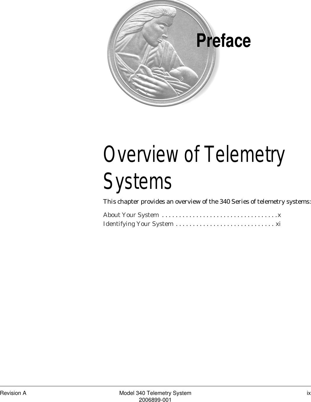 Revision A Model 340 Telemetry System ix2006899-001PrefaceOverview of Telemetry Systems PrefaceThis chapter provides an overview of the 340 Series of telemetry systems:About Your System  . . . . . . . . . . . . . . . . . . . . . . . . . . . . . . . . . .xIdentifying Your System . . . . . . . . . . . . . . . . . . . . . . . . . . . . . xi