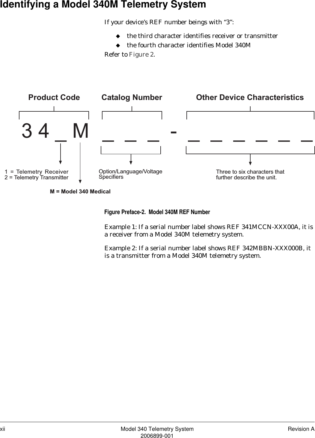 xii Model 340 Telemetry System Revision A2006899-001Identifying a Model 340M Telemetry SystemIf your device’s REF number beings with “3”:the third character identifies receiver or transmitterthe fourth character identifies Model 340MRefer to Figure 2.Figure Preface-2.  Model 340M REF NumberExample 1: If a serial number label shows REF 341MCCN-XXX00A, it is a receiver from a Model 340M telemetry system.Example 2: If a serial number label shows REF 342MBBN-XXX000B, it is a transmitter from a Model 340M telemetry system.3 4 _ M _  _  _  -  _  _  _  _  _  _Product Code Catalog Number Other Device Characteristics1  = Telemetry  Receiver2 = Telemetry TransmitterOption/Language/VoltageSpecifiers Three to six characters thatfurther describe the unit.M = Model 340 Medical