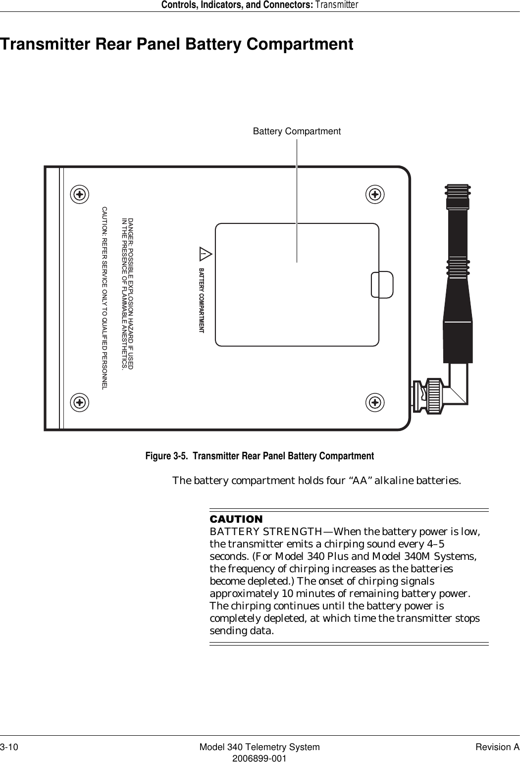 3-10 Model 340 Telemetry System Revision A2006899-001Controls, Indicators, and Connectors: TransmitterTransmitter Rear Panel Battery CompartmentFigure 3-5.  Transmitter Rear Panel Battery CompartmentThe battery compartment holds four “AA” alkaline batteries.&amp;$87,21BATTERY STRENGTH—When the battery power is low, the transmitter emits a chirping sound every 4–5 seconds. (For Model 340 Plus and Model 340M Systems, the frequency of chirping increases as the batteries become depleted.) The onset of chirping signals approximately 10 minutes of remaining battery power. The chirping continues until the battery power is completely depleted, at which time the transmitter stops sending data. DANGER: POSSIBLE EXPLOSION HAZARD IF USEDIN THE PRESENCE OF FLAMMABLE ANESTHETICS.CAUTION: REFER SERVICE ONLY TO QUALIFIED PERSONNEL!BATTERY COMPARTMENTBattery Compartment