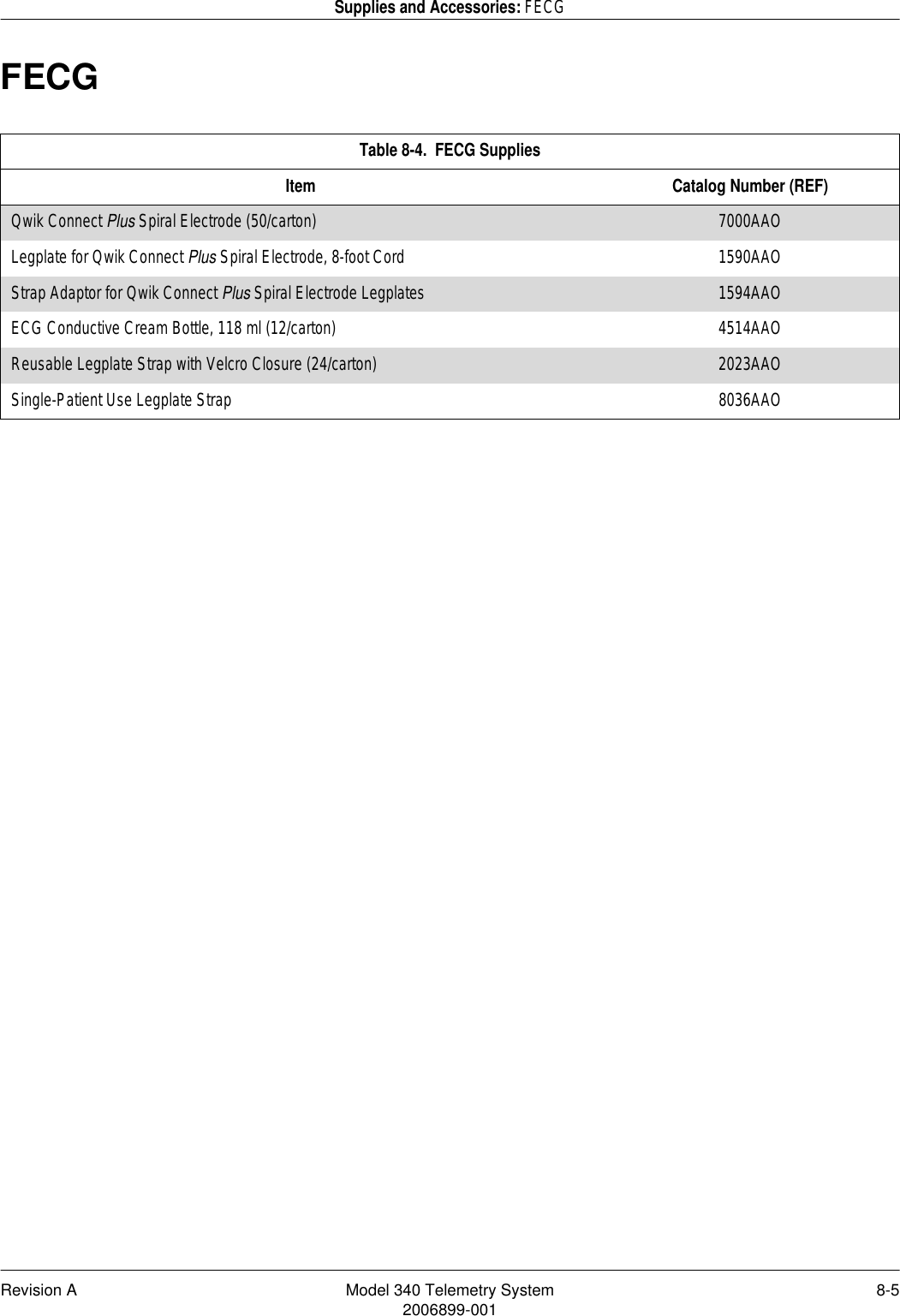 Revision A Model 340 Telemetry System 8-52006899-001Supplies and Accessories: FECGFECGTable 8-4.  FECG SuppliesItem Catalog Number (REF)Qwik Connect Plus Spiral Electrode (50/carton) 7000AAOLegplate for Qwik Connect Plus Spiral Electrode, 8-foot Cord 1590AAOStrap Adaptor for Qwik Connect Plus Spiral Electrode Legplates 1594AAOECG Conductive Cream Bottle, 118 ml (12/carton) 4514AAOReusable Legplate Strap with Velcro Closure (24/carton) 2023AAOSingle-Patient Use Legplate Strap 8036AAO