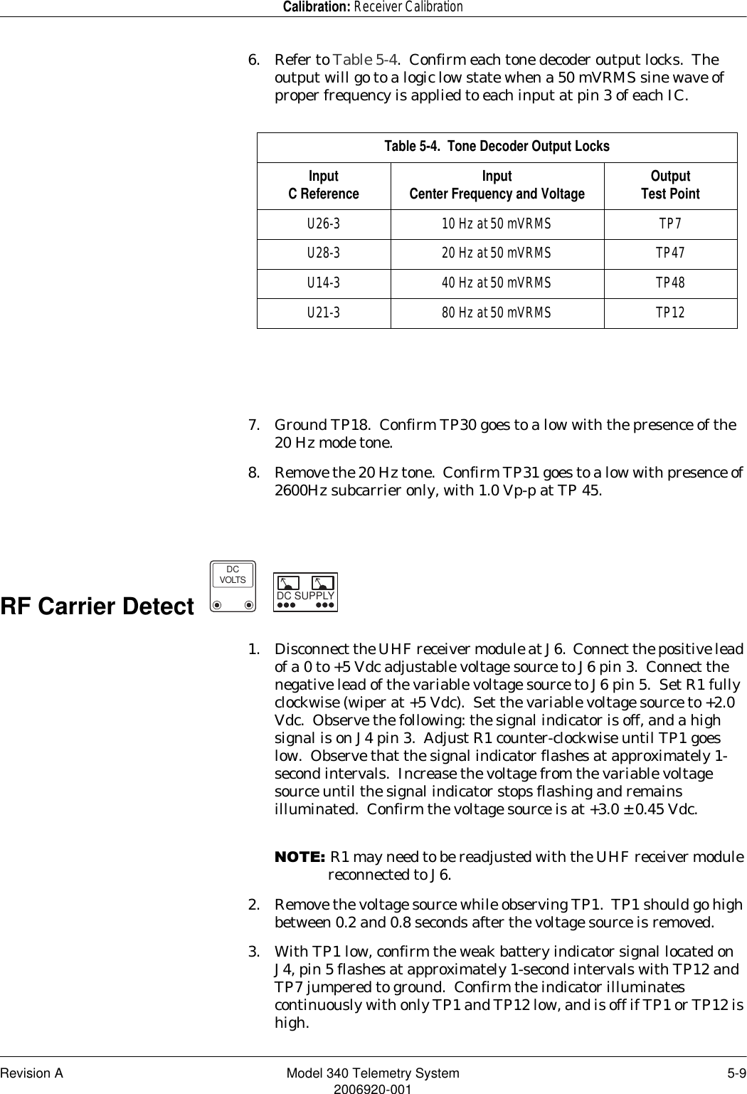 Revision A Model 340 Telemetry System 5-92006920-001Calibration: Receiver Calibration6. Refer to Table 5-4.  Confirm each tone decoder output locks.  The output will go to a logic low state when a 50 mVRMS sine wave of proper frequency is applied to each input at pin 3 of each IC.7. Ground TP18.  Confirm TP30 goes to a low with the presence of the 20 Hz mode tone.8. Remove the 20 Hz tone.  Confirm TP31 goes to a low with presence of 2600Hz subcarrier only, with 1.0 Vp-p at TP 45.RF Carrier Detect     1. Disconnect the UHF receiver module at J6.  Connect the positive lead of a 0 to +5 Vdc adjustable voltage source to J6 pin 3.  Connect the negative lead of the variable voltage source to J6 pin 5.  Set R1 fully clockwise (wiper at +5 Vdc).  Set the variable voltage source to +2.0 Vdc.  Observe the following: the signal indicator is off, and a high signal is on J4 pin 3.  Adjust R1 counter-clockwise until TP1 goes low.  Observe that the signal indicator flashes at approximately 1-second intervals.  Increase the voltage from the variable voltage source until the signal indicator stops flashing and remains illuminated.  Confirm the voltage source is at +3.0 ± 0.45 Vdc.127(R1 may need to be readjusted with the UHF receiver module reconnected to J6.2. Remove the voltage source while observing TP1.  TP1 should go high between 0.2 and 0.8 seconds after the voltage source is removed.3. With TP1 low, confirm the weak battery indicator signal located on J4, pin 5 flashes at approximately 1-second intervals with TP12 and  TP7 jumpered to ground.  Confirm the indicator illuminates continuously with only TP1 and TP12 low, and is off if TP1 or TP12 is high.Table 5-4.  Tone Decoder Output LocksInput C Reference InputCenter Frequency and Voltage OutputTest PointU26-3 10 Hz at 50 mVRMS TP7U28-3 20 Hz at 50 mVRMS TP47U14-3 40 Hz at 50 mVRMS TP48U21-3 80 Hz at 50 mVRMS TP12DCVOLTSDC SUPPLY↑↑