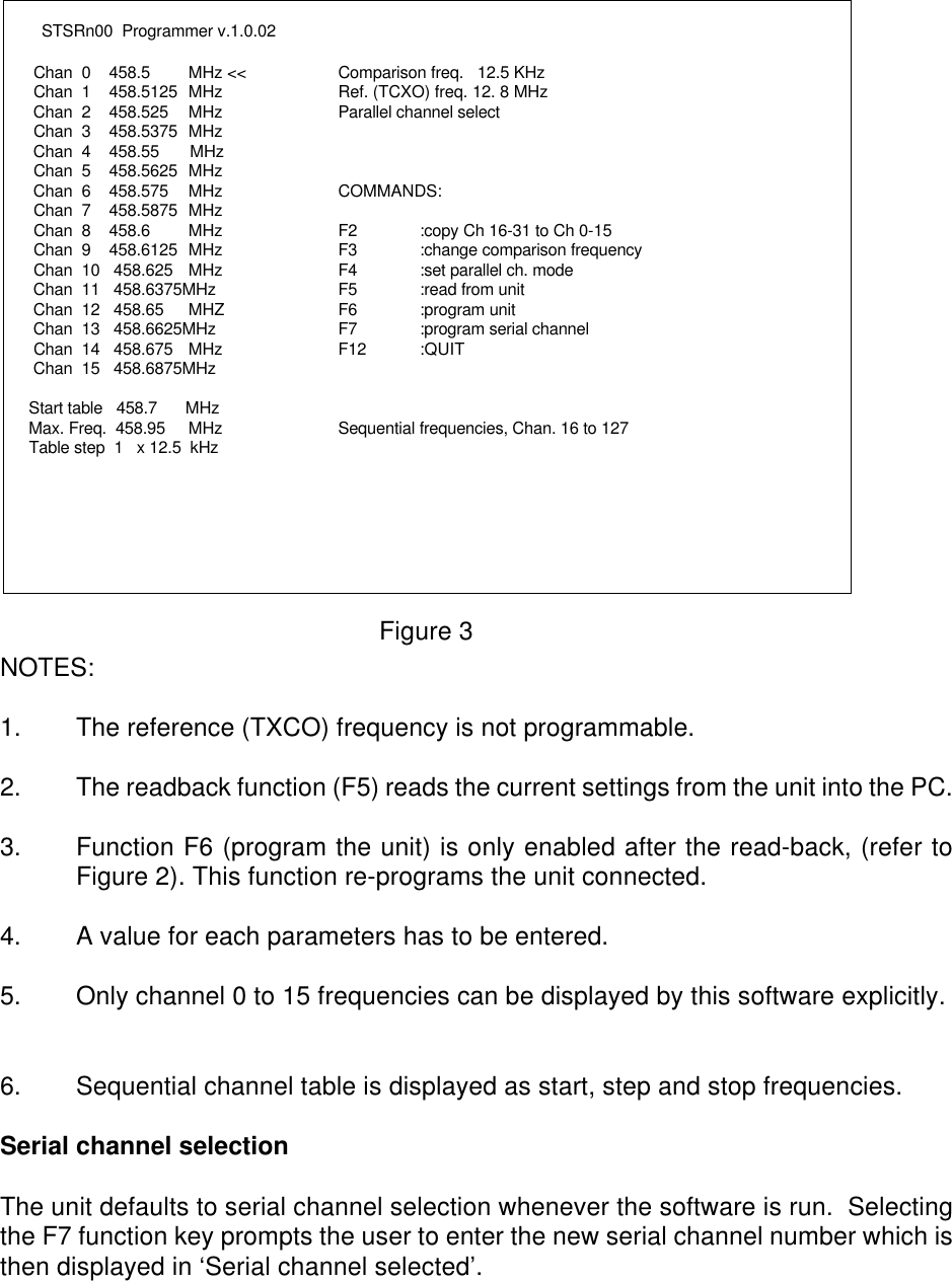     STSRn00  Programmer v.1.0.02                                               Chan  0    458.5 MHz &lt;&lt; Comparison freq.   12.5 KHz    Chan  1    458.5125 MHz           Ref. (TCXO) freq. 12. 8 MHz    Chan  2    458.525 MHz           Parallel channel select    Chan  3    458.5375 MHz    Chan  4    458.55      MHz              Chan  5    458.5625 MHz    Chan  6    458.575 MHz         COMMANDS:    Chan  7    458.5875 MHz    Chan  8    458.6 MHz              F2 :copy Ch 16-31 to Ch 0-15    Chan  9    458.6125 MHz     F3 :change comparison frequency    Chan  10   458.625 MHz              F4 :set parallel ch. mode    Chan  11   458.6375MHz              F5 :read from unit    Chan  12   458.65 MHZ F6 :program unit    Chan  13   458.6625MHz              F7 :program serial channel    Chan  14   458.675 MHz              F12 :QUIT    Chan  15   458.6875MHz                                                    Start table   458.7     MHz   Max. Freq.  458.95 MHz           Sequential frequencies, Chan. 16 to 127   Table step  1   x 12.5  kHzFigure 3NOTES:1. The reference (TXCO) frequency is not programmable.2. The readback function (F5) reads the current settings from the unit into the PC.3. Function F6 (program the unit) is only enabled after the read-back, (refer toFigure 2). This function re-programs the unit connected.4. A value for each parameters has to be entered.5. Only channel 0 to 15 frequencies can be displayed by this software explicitly. 6. Sequential channel table is displayed as start, step and stop frequencies. Serial channel selectionThe unit defaults to serial channel selection whenever the software is run.  Selectingthe F7 function key prompts the user to enter the new serial channel number which isthen displayed in ‘Serial channel selected’.