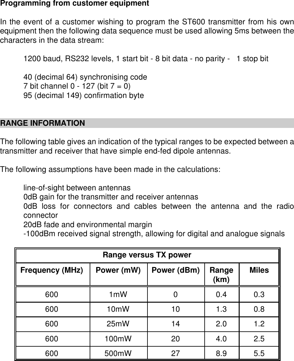 Programming from customer equipmentIn the event of a customer wishing to program the ST600 transmitter from his ownequipment then the following data sequence must be used allowing 5ms between thecharacters in the data stream:1200 baud, RS232 levels, 1 start bit - 8 bit data - no parity -   1 stop bit40 (decimal 64) synchronising code7 bit channel 0 - 127 (bit 7 = 0)95 (decimal 149) confirmation byteRANGE INFORMATIONThe following table gives an indication of the typical ranges to be expected between atransmitter and receiver that have simple end-fed dipole antennas.The following assumptions have been made in the calculations:line-of-sight between antennas0dB gain for the transmitter and receiver antennas0dB loss for connectors and cables between the antenna and the radioconnector20dB fade and environmental margin-100dBm received signal strength, allowing for digital and analogue signalsRange versus TX powerFrequency (MHz) Power (mW) Power (dBm) Range(km) Miles600 1mW 00.4 0.3600 10mW 10 1.3 0.8600 25mW 14 2.0 1.2600 100mW 20 4.0 2.5600 500mW 27 8.9 5.5