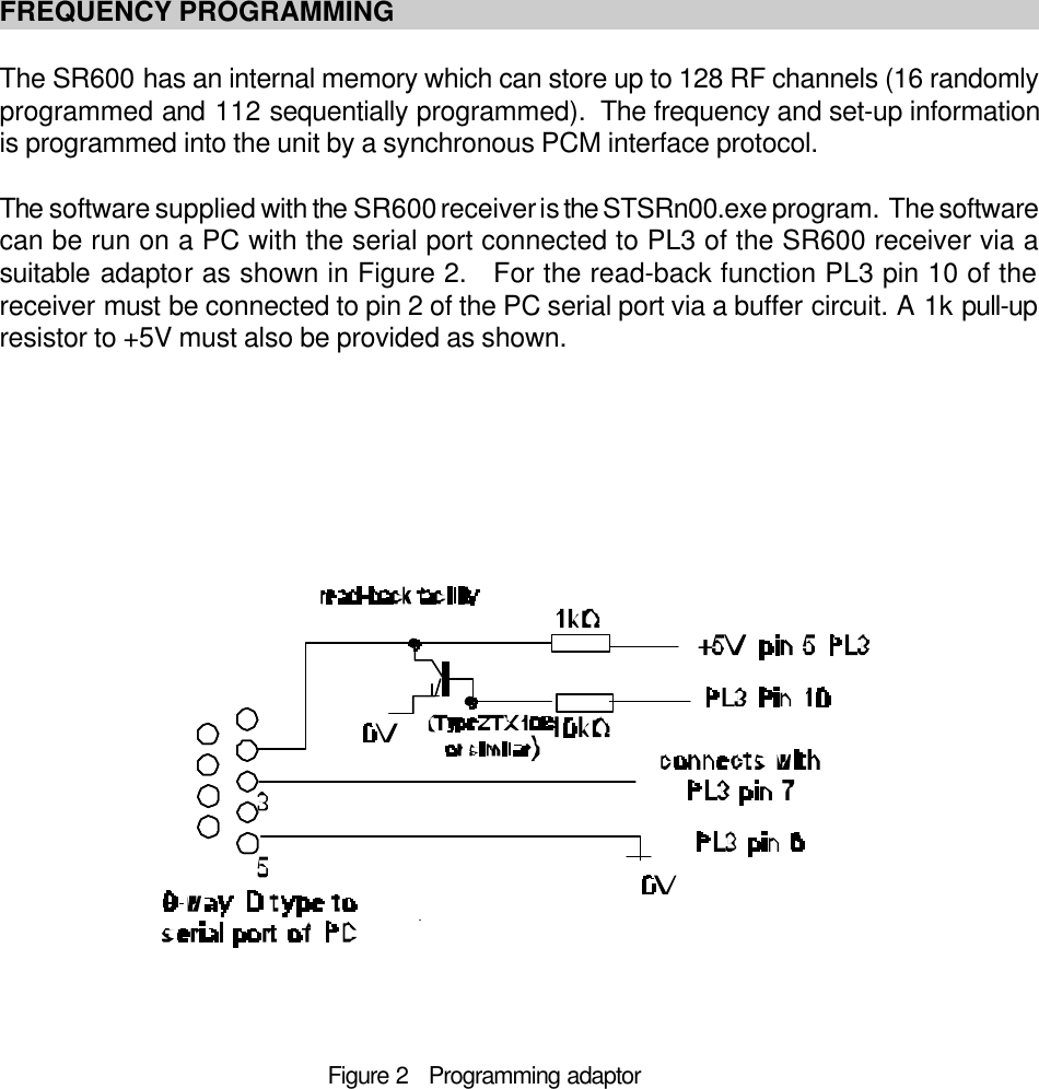 Figure 2   Programming adaptorFREQUENCY PROGRAMMINGThe SR600 has an internal memory which can store up to 128 RF channels (16 randomlyprogrammed and 112 sequentially programmed).  The frequency and set-up informationis programmed into the unit by a synchronous PCM interface protocol.The software supplied with the SR600 receiver is the STSRn00.exe program.  The softwarecan be run on a PC with the serial port connected to PL3 of the SR600 receiver via asuitable adaptor as shown in Figure 2.   For the read-back function PL3 pin 10 of thereceiver must be connected to pin 2 of the PC serial port via a buffer circuit. A 1k pull-upresistor to +5V must also be provided as shown.