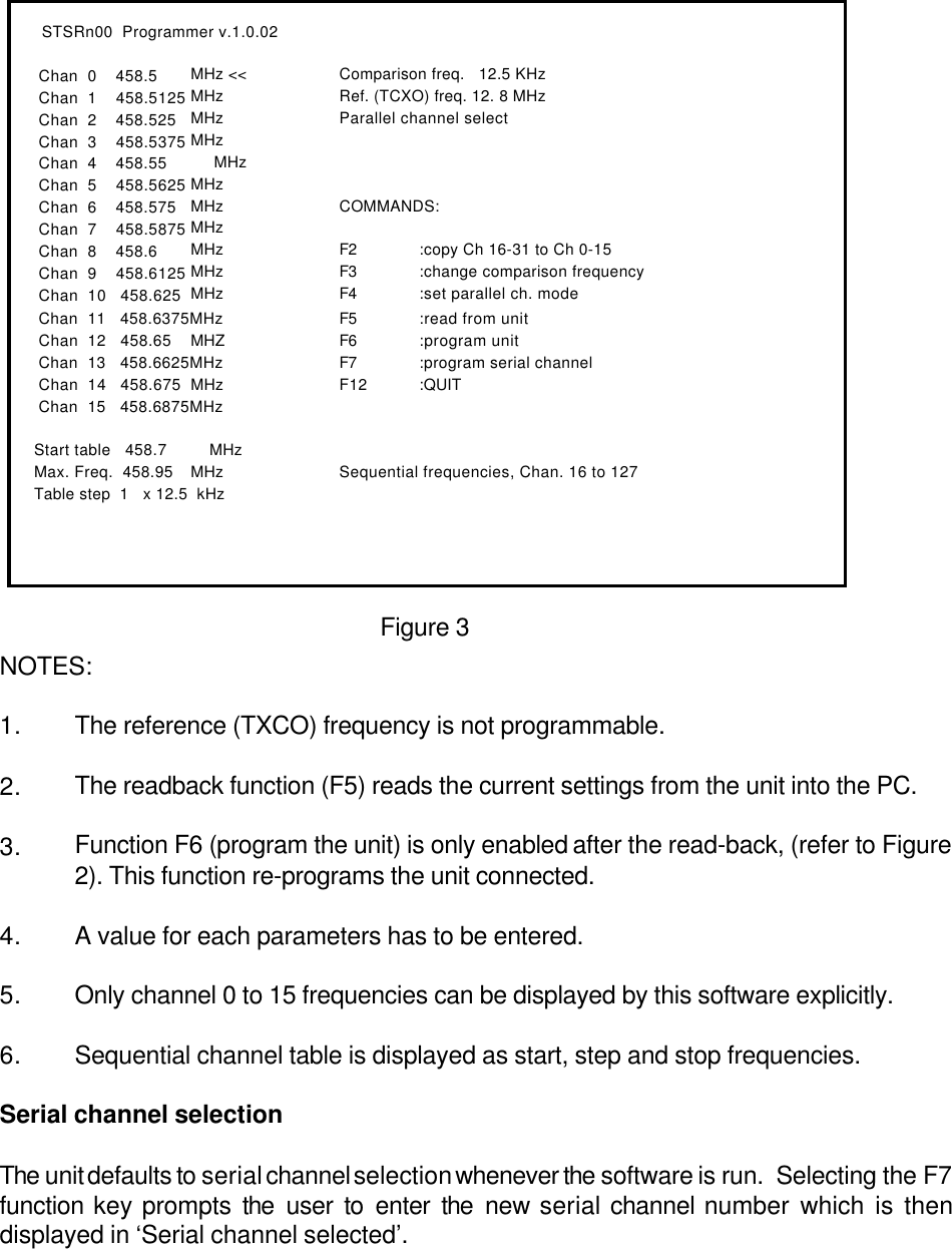     STSRn00  Programmer v.1.0.02                                               Chan  0    458.5 MHz &lt;&lt; Comparison freq.   12.5 KHz    Chan  1    458.5125 MHz           Ref. (TCXO) freq. 12. 8 MHz    Chan  2    458.525 MHz           Parallel channel select    Chan  3    458.5375 MHz    Chan  4    458.55      MHz              Chan  5    458.5625 MHz    Chan  6    458.575 MHz         COMMANDS:    Chan  7    458.5875 MHz    Chan  8    458.6 MHz              F2 :copy Ch 16-31 to Ch 0-15    Chan  9    458.6125 MHz     F3 :change comparison frequency    Chan  10   458.625 MHz              F4 :set parallel ch. mode    Chan  11   458.6375MHz              F5 :read from unit    Chan  12   458.65 MHZ F6 :program unit    Chan  13   458.6625MHz              F7 :program serial channel    Chan  14   458.675 MHz              F12 :QUIT    Chan  15   458.6875MHz                                                    Start table   458.7     MHz   Max. Freq.  458.95 MHz           Sequential frequencies, Chan. 16 to 127   Table step  1   x 12.5  kHzFigure 3NOTES:1. The reference (TXCO) frequency is not programmable.2. The readback function (F5) reads the current settings from the unit into the PC.3. Function F6 (program the unit) is only enabled after the read-back, (refer to Figure2). This function re-programs the unit connected.4. A value for each parameters has to be entered.5. Only channel 0 to 15 frequencies can be displayed by this software explicitly.   6. Sequential channel table is displayed as start, step and stop frequencies. Serial channel selectionThe unit defaults to serial channel selection whenever the software is run.  Selecting the F7function key prompts the user to enter the new serial channel number which is thendisplayed in ‘Serial channel selected’.