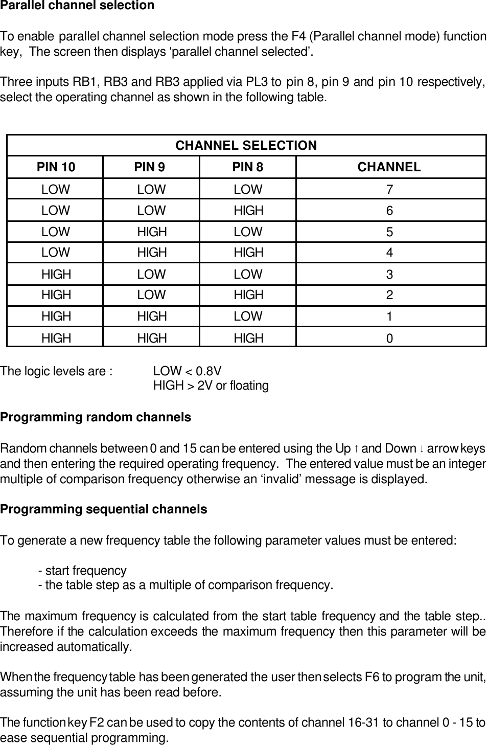 Parallel channel selectionTo enable parallel channel selection mode press the F4 (Parallel channel mode) functionkey,  The screen then displays ‘parallel channel selected’.  Three inputs RB1, RB3 and RB3 applied via PL3 to pin 8, pin 9 and pin 10 respectively,select the operating channel as shown in the following table.CHANNEL SELECTION PIN 10 PIN 9 PIN 8 CHANNELLOW LOW LOW 7LOW LOW HIGH 6LOW HIGH LOW 5LOW HIGH HIGH 4HIGH LOW LOW 3HIGH LOW HIGH 2HIGH HIGH LOW 1HIGH HIGH HIGH 0The logic levels are :  LOW &lt; 0.8VHIGH &gt; 2V or floatingProgramming random channelsRandom channels between 0 and 15 can be entered using the Up 8 and Down 9 arrow keysand then entering the required operating frequency.  The entered value must be an integermultiple of comparison frequency otherwise an ‘invalid’ message is displayed.Programming sequential channelsTo generate a new frequency table the following parameter values must be entered:- start frequency- the table step as a multiple of comparison frequency.The maximum frequency is calculated from the start table frequency and the table step..Therefore if the calculation exceeds the maximum frequency then this parameter will beincreased automatically.When the frequency table has been generated the user then selects F6 to program the unit,assuming the unit has been read before.The function key F2 can be used to copy the contents of channel 16-31 to channel 0 - 15 toease sequential programming.