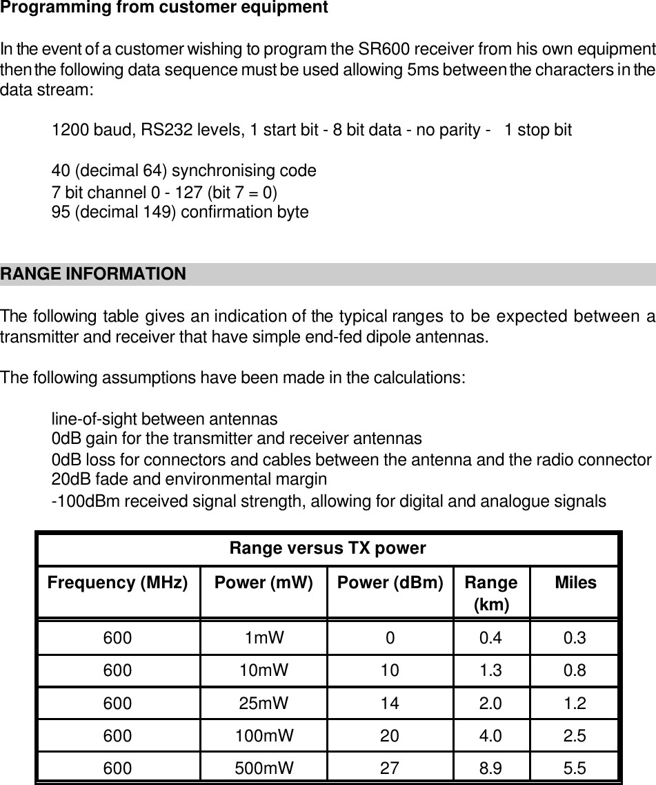 Programming from customer equipmentIn the event of a customer wishing to program the SR600 receiver from his own equipmentthen the following data sequence must be used allowing 5ms between the characters in thedata stream:1200 baud, RS232 levels, 1 start bit - 8 bit data - no parity -   1 stop bit40 (decimal 64) synchronising code7 bit channel 0 - 127 (bit 7 = 0)95 (decimal 149) confirmation byteRANGE INFORMATIONThe following table gives an indication of the typical ranges to be expected between atransmitter and receiver that have simple end-fed dipole antennas.The following assumptions have been made in the calculations:line-of-sight between antennas0dB gain for the transmitter and receiver antennas0dB loss for connectors and cables between the antenna and the radio connector20dB fade and environmental margin-100dBm received signal strength, allowing for digital and analogue signalsRange versus TX powerFrequency (MHz) Power (mW) Power (dBm) Range(km) Miles600 1mW 00.4 0.3600 10mW 10 1.3 0.8600 25mW 14 2.0 1.2600 100mW 20 4.0 2.5600 500mW 27 8.9 5.5