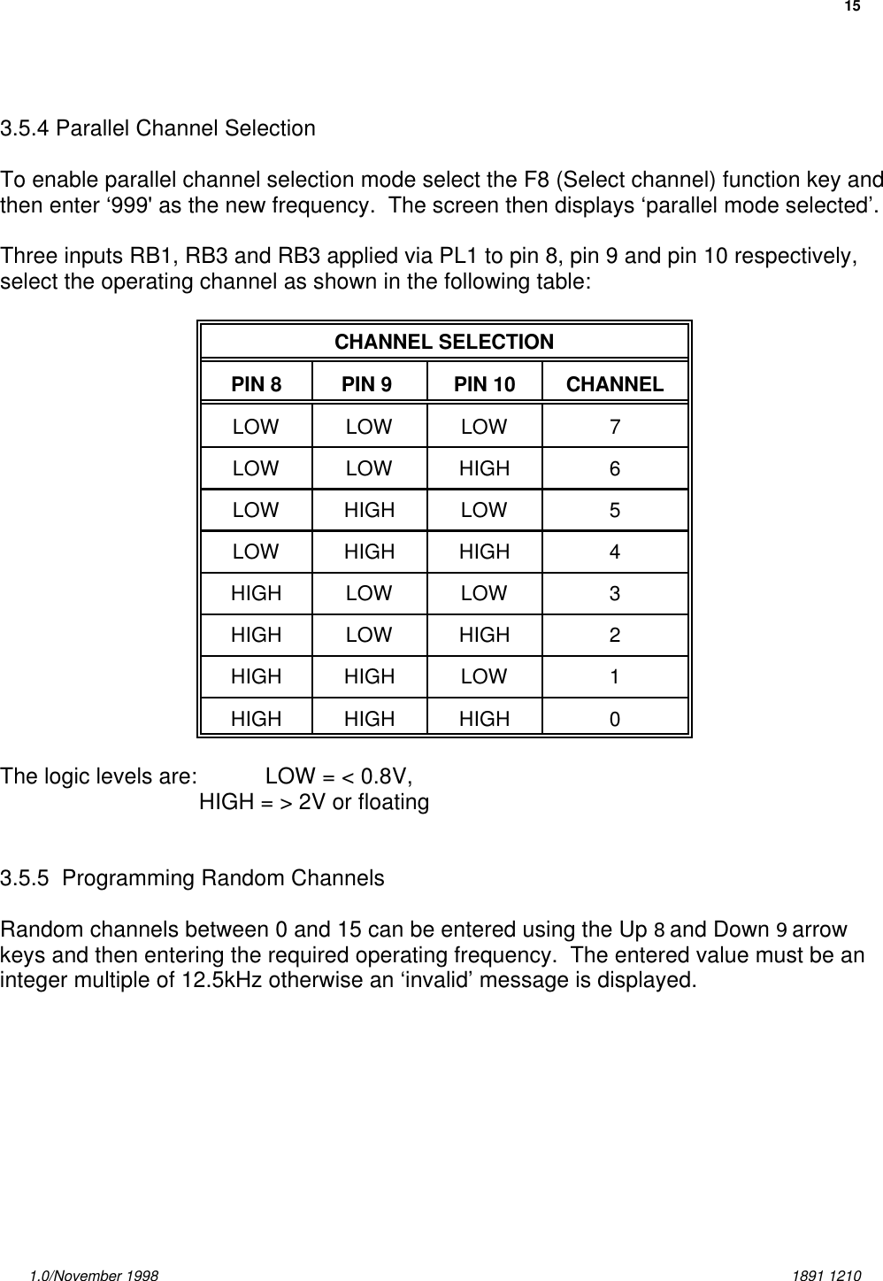 151.0/November 1998 1891 12103.5.4 Parallel Channel SelectionTo enable parallel channel selection mode select the F8 (Select channel) function key andthen enter ‘999&apos; as the new frequency.  The screen then displays ‘parallel mode selected’. Three inputs RB1, RB3 and RB3 applied via PL1 to pin 8, pin 9 and pin 10 respectively,select the operating channel as shown in the following table:CHANNEL SELECTION PIN 8 PIN 9 PIN 10 CHANNELLOW LOW LOW 7LOW LOW HIGH 6LOW HIGH LOW 5LOW HIGH HIGH 4HIGH LOW LOW 3HIGH LOW HIGH 2HIGH HIGH LOW 1HIGH HIGH HIGH 0The logic levels are: LOW = &lt; 0.8V, HIGH = &gt; 2V or floating3.5.5  Programming Random ChannelsRandom channels between 0 and 15 can be entered using the Up 8 and Down 9 arrowkeys and then entering the required operating frequency.  The entered value must be aninteger multiple of 12.5kHz otherwise an ‘invalid’ message is displayed.