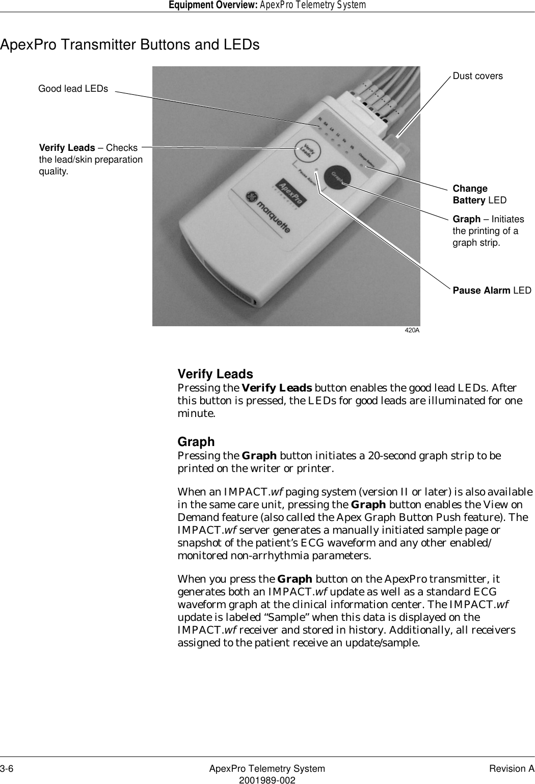 3-6 ApexPro Telemetry System Revision A2001989-002Equipment Overview: ApexPro Telemetry SystemApexPro Transmitter Buttons and LEDsVerify LeadsPressing the Verify Leads button enables the good lead LEDs. After this button is pressed, the LEDs for good leads are illuminated for one minute.GraphPressing the Graph button initiates a 20-second graph strip to be printed on the writer or printer.When an IMPACT.wf paging system (version II or later) is also available in the same care unit, pressing the Graph button enables the View on Demand feature (also called the Apex Graph Button Push feature). The IMPACT.wf server generates a manually initiated sample page or snapshot of the patient’s ECG waveform and any other enabled/monitored non-arrhythmia parameters.When you press the Graph button on the ApexPro transmitter, it generates both an IMPACT.wf update as well as a standard ECG waveform graph at the clinical information center. The IMPACT.wf update is labeled “Sample” when this data is displayed on the IMPACT.wf receiver and stored in history. Additionally, all receivers assigned to the patient receive an update/sample.Verify Leads – Checks the lead/skin preparation quality.Graph – Initiates the printing of a graph strip.Pause Alarm LEDGood lead LEDsChange Battery LEDDust covers