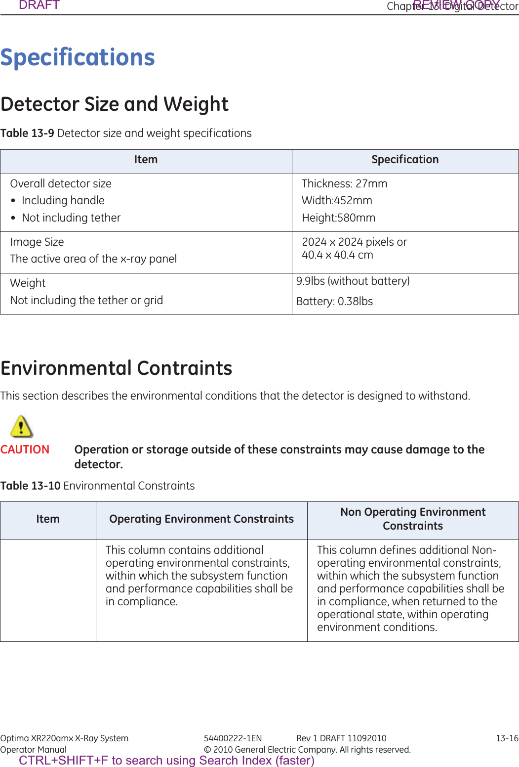 Chapter 13: Digital Detector Optima XR220amx X-Ray System 54400222-1EN Rev 1 DRAFT 11092010 13-16Operator Manual © 2010 General Electric Company. All rights reserved.SpecificationsDetector Size and WeightTable 13-9 Detector size and weight specificationsEnvironmental ContraintsThis section describes the environmental conditions that the detector is designed to withstand. CAUTION Operation or storage outside of these constraints may cause damage to the detector.Table 13-10 Environmental ConstraintsItem SpecificationOverall detector size• Including handle• Not including tetherThickness: 27mmWidth:452mm Height:580mm Image SizeThe active area of the x-ray panel 2024 x 2024 pixels or 40.4 x 40.4 cmWeight Not including the tether or grid9.9lbs (without battery) Battery: 0.38lbsItem Operating Environment Constraints Non Operating Environment ConstraintsThis column contains additional operating environmental constraints, within which the subsystem function and performance capabilities shall be in compliance.This column defines additional Non-operating environmental constraints, within which the subsystem function and performance capabilities shall be in compliance, when returned to the operational state, within operating environment conditions.DRAFT REVIEW COPYCTRL+SHIFT+F to search using Search Index (faster)