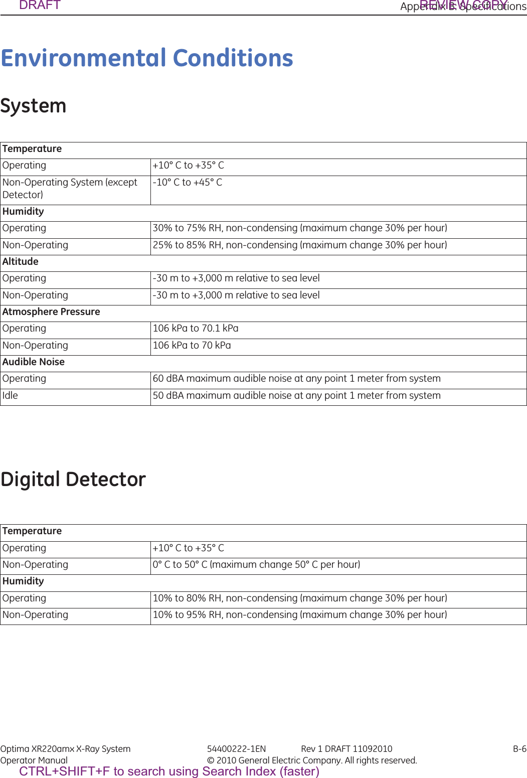 Appendix B: Specifications Optima XR220amx X-Ray System 54400222-1EN Rev 1 DRAFT 11092010 B-6Operator Manual © 2010 General Electric Company. All rights reserved.Environmental ConditionsSystemDigital DetectorTemperatureOperating +10° C to +35° CNon-Operating System (except Detector)-10° C to +45° C HumidityOperating 30% to 75% RH, non-condensing (maximum change 30% per hour)Non-Operating 25% to 85% RH, non-condensing (maximum change 30% per hour)AltitudeOperating -30 m to +3,000 m relative to sea levelNon-Operating -30 m to +3,000 m relative to sea levelAtmosphere PressureOperating 106 kPa to 70.1 kPaNon-Operating 106 kPa to 70 kPaAudible NoiseOperating 60 dBA maximum audible noise at any point 1 meter from systemIdle 50 dBA maximum audible noise at any point 1 meter from systemTemperatureOperating +10° C to +35° CNon-Operating  0° C to 50° C (maximum change 50° C per hour)HumidityOperating 10% to 80% RH, non-condensing (maximum change 30% per hour)Non-Operating 10% to 95% RH, non-condensing (maximum change 30% per hour)DRAFT REVIEW COPYCTRL+SHIFT+F to search using Search Index (faster)