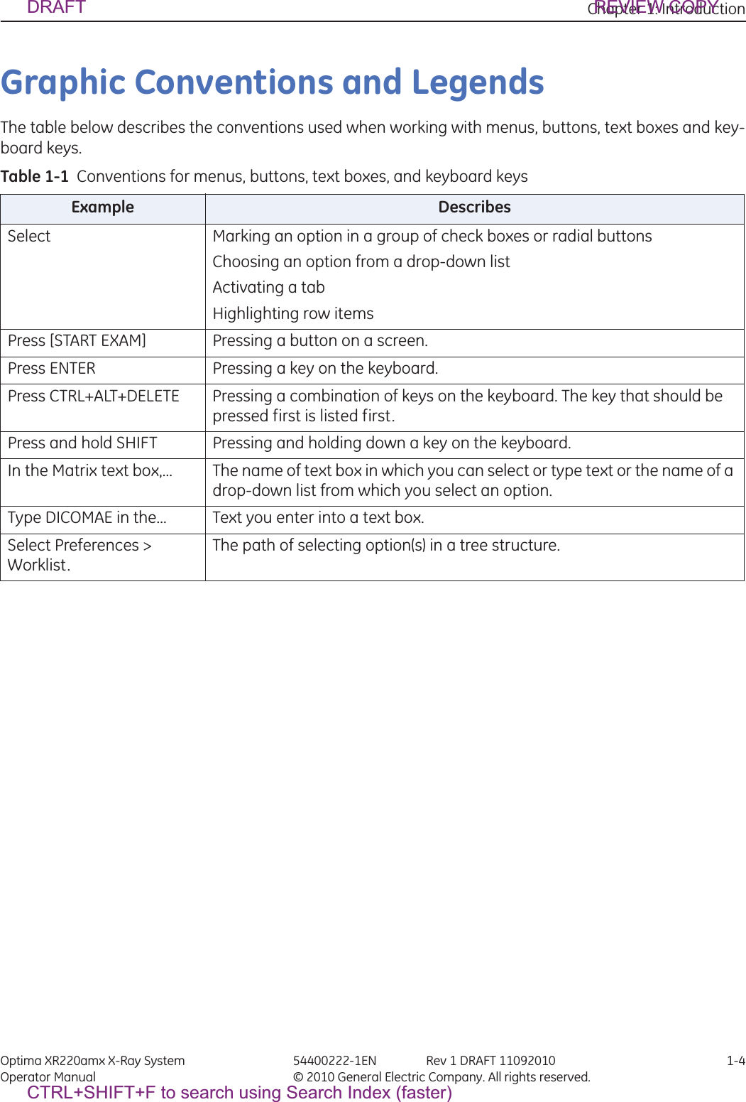 Chapter 1: Introduction Optima XR220amx X-Ray System 54400222-1EN Rev 1 DRAFT 11092010 1-4Operator Manual © 2010 General Electric Company. All rights reserved.Graphic Conventions and LegendsThe table below describes the conventions used when working with menus, buttons, text boxes and key-board keys.Table 1-1  Conventions for menus, buttons, text boxes, and keyboard keysExample DescribesSelect Marking an option in a group of check boxes or radial buttonsChoosing an option from a drop-down listActivating a tabHighlighting row itemsPress [START EXAM] Pressing a button on a screen.Press ENTER Pressing a key on the keyboard.Press CTRL+ALT+DELETE Pressing a combination of keys on the keyboard. The key that should be pressed first is listed first.Press and hold SHIFT Pressing and holding down a key on the keyboard.In the Matrix text box,... The name of text box in which you can select or type text or the name of a drop-down list from which you select an option.Type DICOMAE in the... Text you enter into a text box.Select Preferences &gt; Worklist.The path of selecting option(s) in a tree structure.DRAFT REVIEW COPYCTRL+SHIFT+F to search using Search Index (faster)