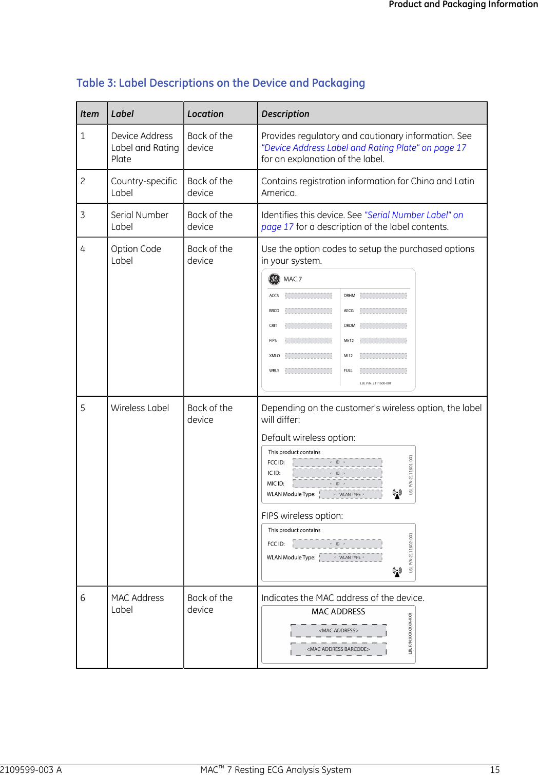 Product and Packaging InformationTable 3: Label Descriptions on the Device and PackagingItem Label Location Description1 Device AddressLabel and RatingPlateBack of thedeviceProvides regulatory and cautionary information. See&quot;Device Address Label and Rating Plate&quot; on page 17for an explanation of the label.2 Country-specificLabelBack of thedeviceContains registration information for China and LatinAmerica.3 Serial NumberLabelBack of thedeviceIdentifies this device. See &quot;Serial Number Label&quot; onpage 17 for a description of the label contents.4 Option CodeLabelBack of thedeviceUse the option codes to setup the purchased optionsin your system.5 Wireless Label Back of thedeviceDepending on the customer&apos;s wireless option, the labelwill differ:Default wireless option:FIPS wireless option:6 MAC AddressLabelBack of thedeviceIndicates the MAC address of the device.2109599-003 A MAC™ 7 Resting ECG Analysis System 15