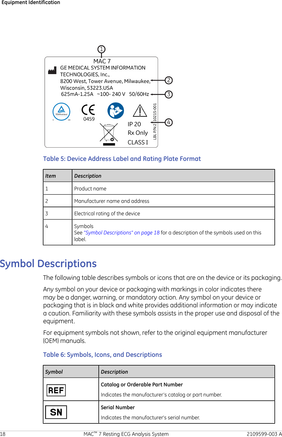 Equipment IdentificationTable 5: Device Address Label and Rating Plate FormatItem Description1 Product name2 Manufacturer name and address3 Electrical rating of the device4 SymbolsSee &quot;Symbol Descriptions&quot; on page 18 for a description of the symbols used on thislabel.Symbol DescriptionsThe following table describes symbols or icons that are on the device or its packaging.Any symbol on your device or packaging with markings in color indicates theremay be a danger, warning, or mandatory action. Any symbol on your device orpackaging that is in black and white provides additional information or may indicatea caution. Familiarity with these symbols assists in the proper use and disposal of theequipment.For equipment symbols not shown, refer to the original equipment manufacturer(OEM) manuals.Table 6: Symbols, Icons, and DescriptionsSymbol DescriptionCatalog or Orderable Part NumberIndicates the manufacturer’s catalog or part number.Serial NumberIndicates the manufacturer&apos;s serial number.18 MAC™ 7 Resting ECG Analysis System 2109599-003 A