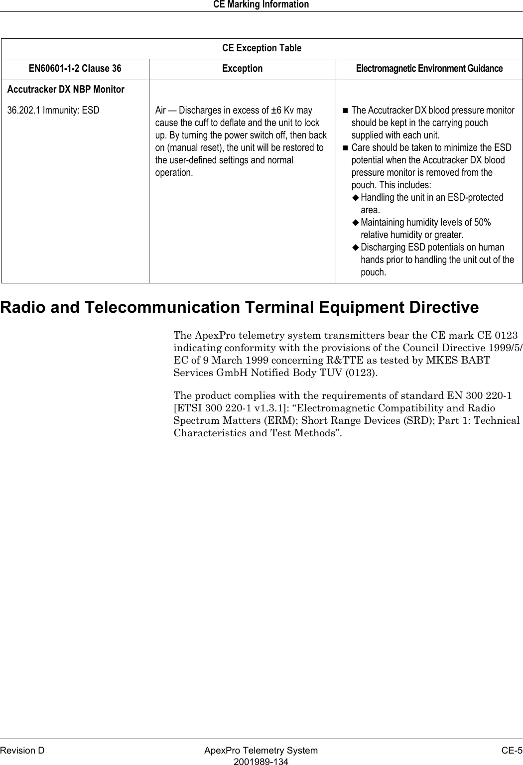 Revision D ApexPro Telemetry System CE-52001989-134CE Marking InformationRadio and Telecommunication Terminal Equipment DirectiveThe ApexPro telemetry system transmitters bear the CE mark CE 0123 indicating conformity with the provisions of the Council Directive 1999/5/EC of 9 March 1999 concerning R&amp;TTE as tested by MKES BABT Services GmbH Notified Body TUV (0123).The product complies with the requirements of standard EN 300 220-1 [ETSI 300 220-1 v1.3.1]: “Electromagnetic Compatibility and Radio Spectrum Matters (ERM); Short Range Devices (SRD); Part 1: Technical Characteristics and Test Methods”.Accutracker DX NBP Monitor36.202.1 Immunity: ESD Air — Discharges in excess of ±6 Kv may cause the cuff to deflate and the unit to lock up. By turning the power switch off, then back on (manual reset), the unit will be restored to the user-defined settings and normal operation.The Accutracker DX blood pressure monitor should be kept in the carrying pouch supplied with each unit.Care should be taken to minimize the ESD potential when the Accutracker DX blood pressure monitor is removed from the pouch. This includes:Handling the unit in an ESD-protected area.Maintaining humidity levels of 50% relative humidity or greater.Discharging ESD potentials on human hands prior to handling the unit out of the pouch.CE Exception TableEN60601-1-2 Clause 36 Exception Electromagnetic Environment Guidance