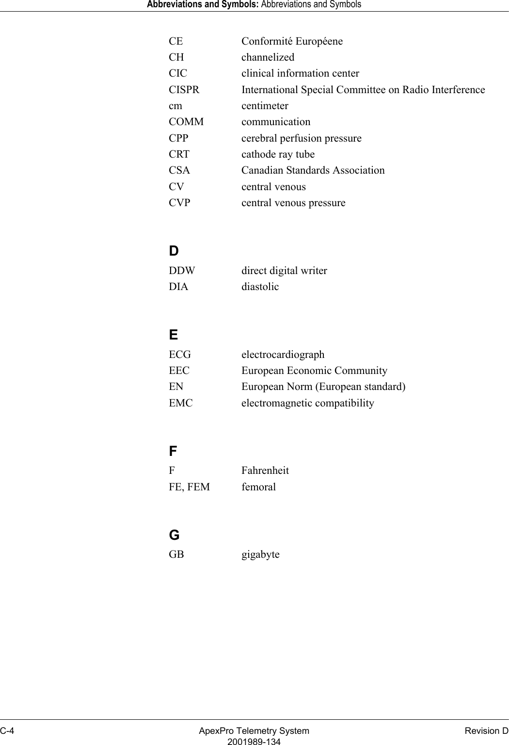 C-4 ApexPro Telemetry System Revision D2001989-134Abbreviations and Symbols: Abbreviations and SymbolsCE Conformité EuropéeneCH channelizedCIC clinical information centerCISPR International Special Committee on Radio Interferencecm centimeterCOMM communicationCPP cerebral perfusion pressureCRT cathode ray tubeCSA Canadian Standards AssociationCV central venousCVP central venous pressureDDDW direct digital writerDIA diastolicEECG electrocardiographEEC European Economic CommunityEN European Norm (European standard)EMC electromagnetic compatibilityFF FahrenheitFE, FEM femoralGGB gigabyte