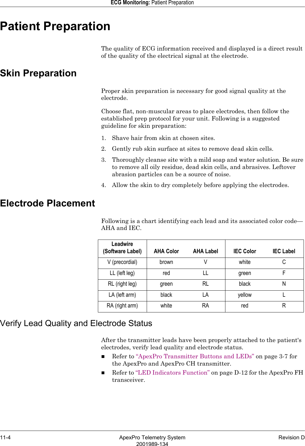 11-4 ApexPro Telemetry System Revision D2001989-134ECG Monitoring: Patient PreparationPatient PreparationThe quality of ECG information received and displayed is a direct result of the quality of the electrical signal at the electrode.Skin PreparationProper skin preparation is necessary for good signal quality at the electrode.Choose flat, non-muscular areas to place electrodes, then follow the established prep protocol for your unit. Following is a suggested guideline for skin preparation:1. Shave hair from skin at chosen sites.2. Gently rub skin surface at sites to remove dead skin cells.3. Thoroughly cleanse site with a mild soap and water solution. Be sure to remove all oily residue, dead skin cells, and abrasives. Leftover abrasion particles can be a source of noise.4. Allow the skin to dry completely before applying the electrodes.Electrode PlacementFollowing is a chart identifying each lead and its associated color code—AHA and IEC.Verify Lead Quality and Electrode StatusAfter the transmitter leads have been properly attached to the patient&apos;s electrodes, verify lead quality and electrode status. Refer to “ApexPro Transmitter Buttons and LEDs” on page 3-7 for the ApexPro and ApexPro CH transmitter. Refer to “LED Indicators Function” on page D-12 for the ApexPro FH transceiver. Leadwire(Software Label) AHA Color AHA Label IEC Color IEC LabelV (precordial) brown V white CLL (left leg) red LL green  FRL (right leg) green RL black NLA (left arm) black LA yellow LRA (right arm) white RA red R