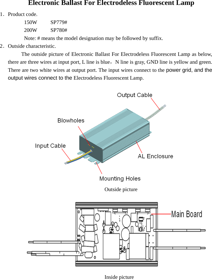 Electronic Ballast For Electrodeless Fluorescent Lamp   1．Product code. 150W     SP779# 200W     SP780# Note: # means the model designation may be followed by suffix. 2．Outside characteristic. The outside picture of Electronic Ballast For Electrodeless Fluorescent Lamp as below, there are three wires at input port, L line is blue，N line is gray, GND line is yellow and green. There are two white wires at output port. The input wires connect to the power grid, and the output wires connect to the Electrodeless Fluorescent Lamp.                                          Outside picture                                         Inside picture 