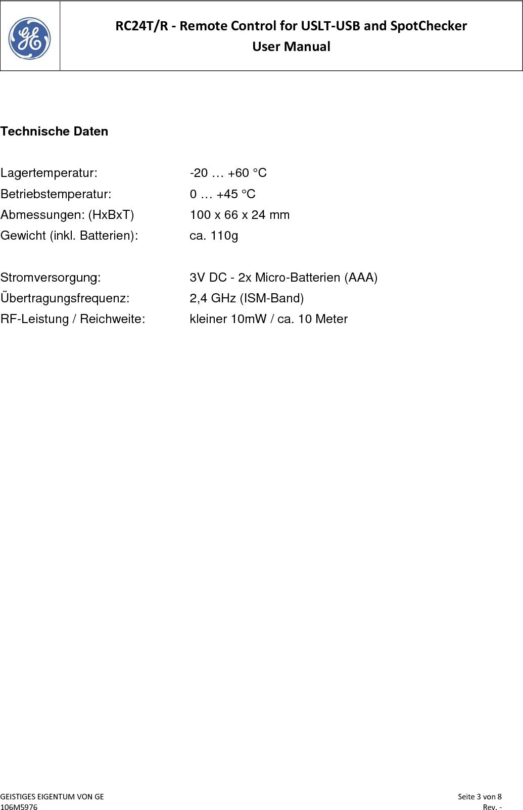GE Sensing and Inspection Technologies GEITRC24 Remote control User