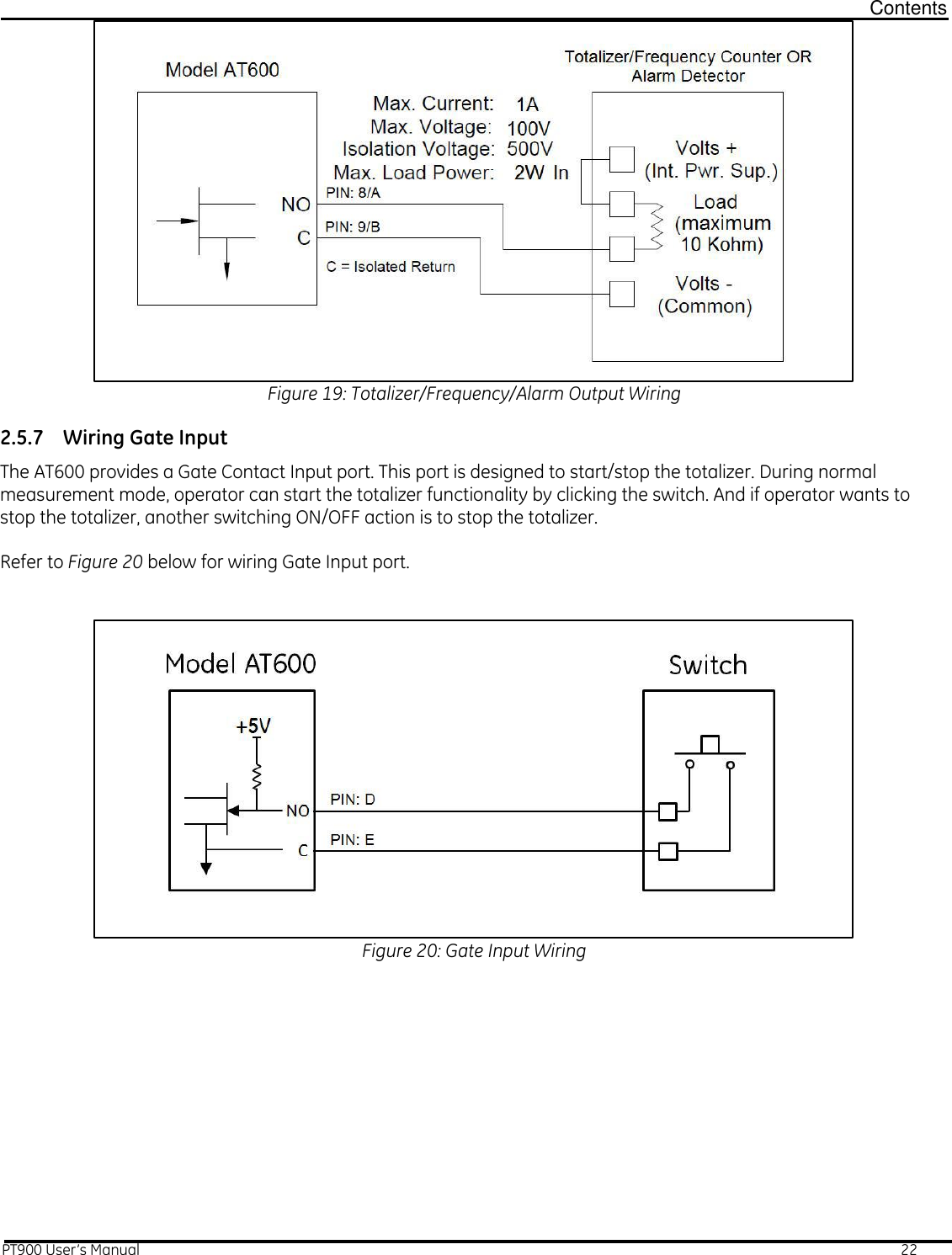  Contents PT900 User’s Manual                                                                                                                                                                                                                22  Figure 19: Totalizer/Frequency/Alarm Output Wiring 2.5.7 Wiring Gate Input The AT600 provides a Gate Contact Input port. This port is designed to start/stop the totalizer. During normal measurement mode, operator can start the totalizer functionality by clicking the switch. And if operator wants to stop the totalizer, another switching ON/OFF action is to stop the totalizer.  Refer to Figure 20 below for wiring Gate Input port.     Figure 20: Gate Input Wiring    