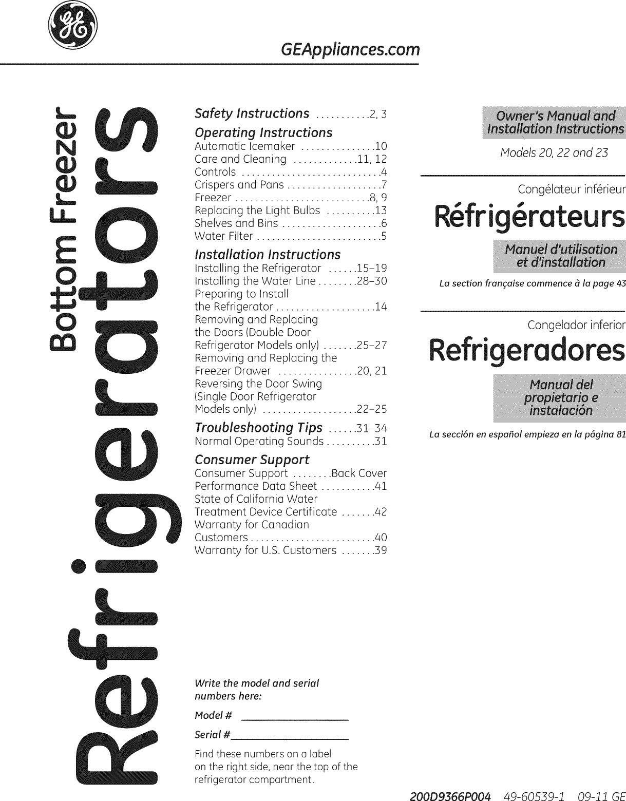 GE ABE20EGEARBS User Manual BOTTOM MOUNT REFRIGERATOR Manuals And