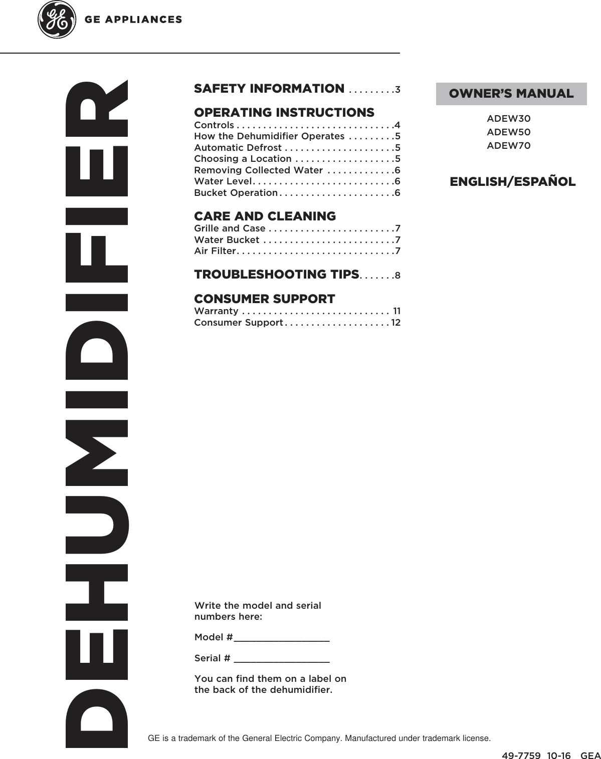 Owners Manual For Ge Dehumidifier