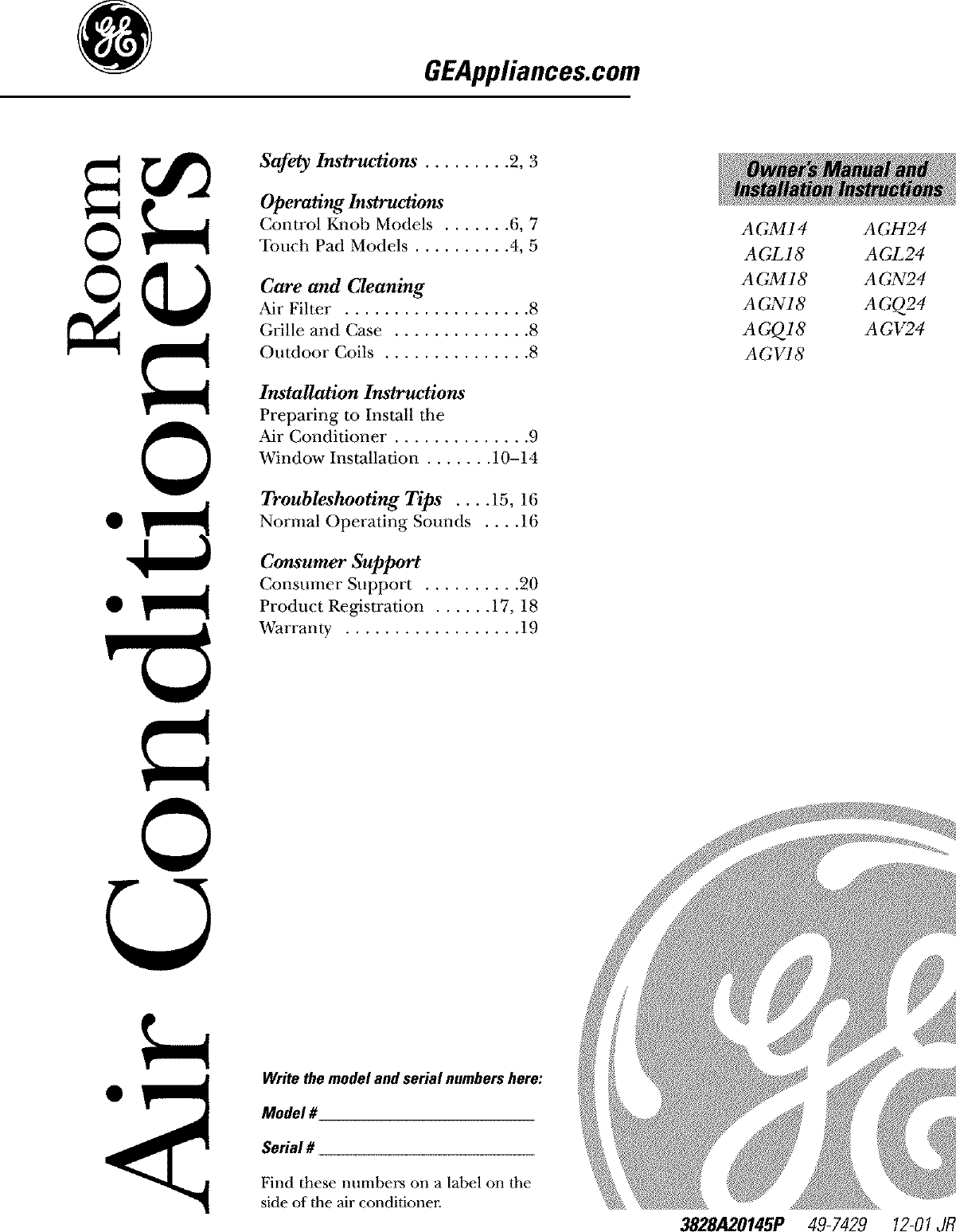 GE AGH24DAM1 User Manual ROOM AIR CONDITIONER Manuals And Guides L0303192
