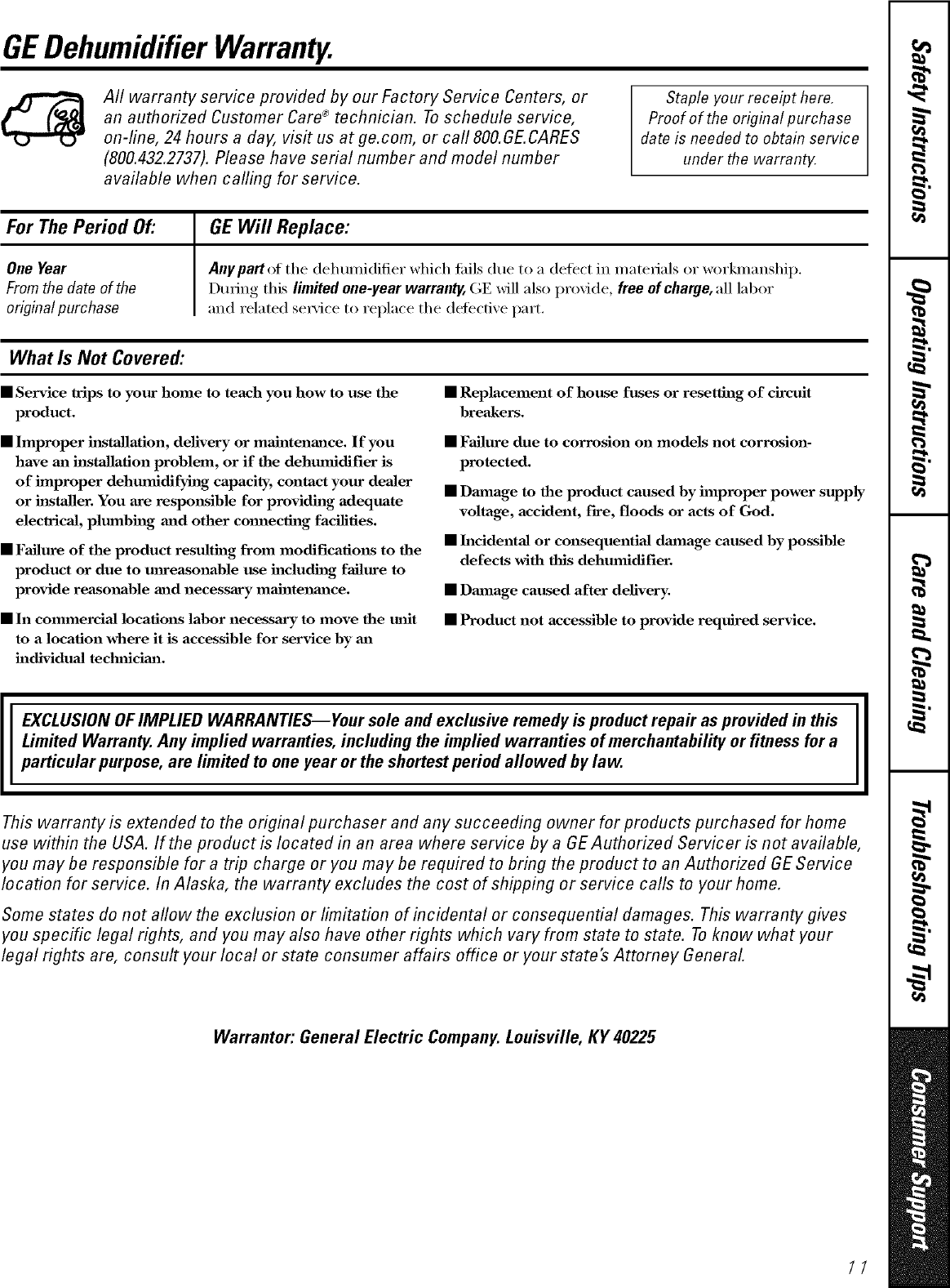 Page 11 of 12 - GE AHK30LKG1 User Manual  DEHUMIDIFIER - Manuals And Guides LR707501