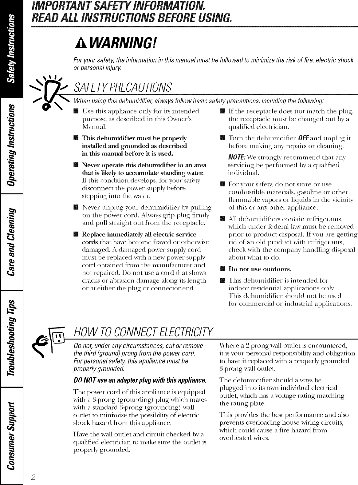 Page 2 of 12 - GE AHK30LKG1 User Manual  DEHUMIDIFIER - Manuals And Guides LR707501