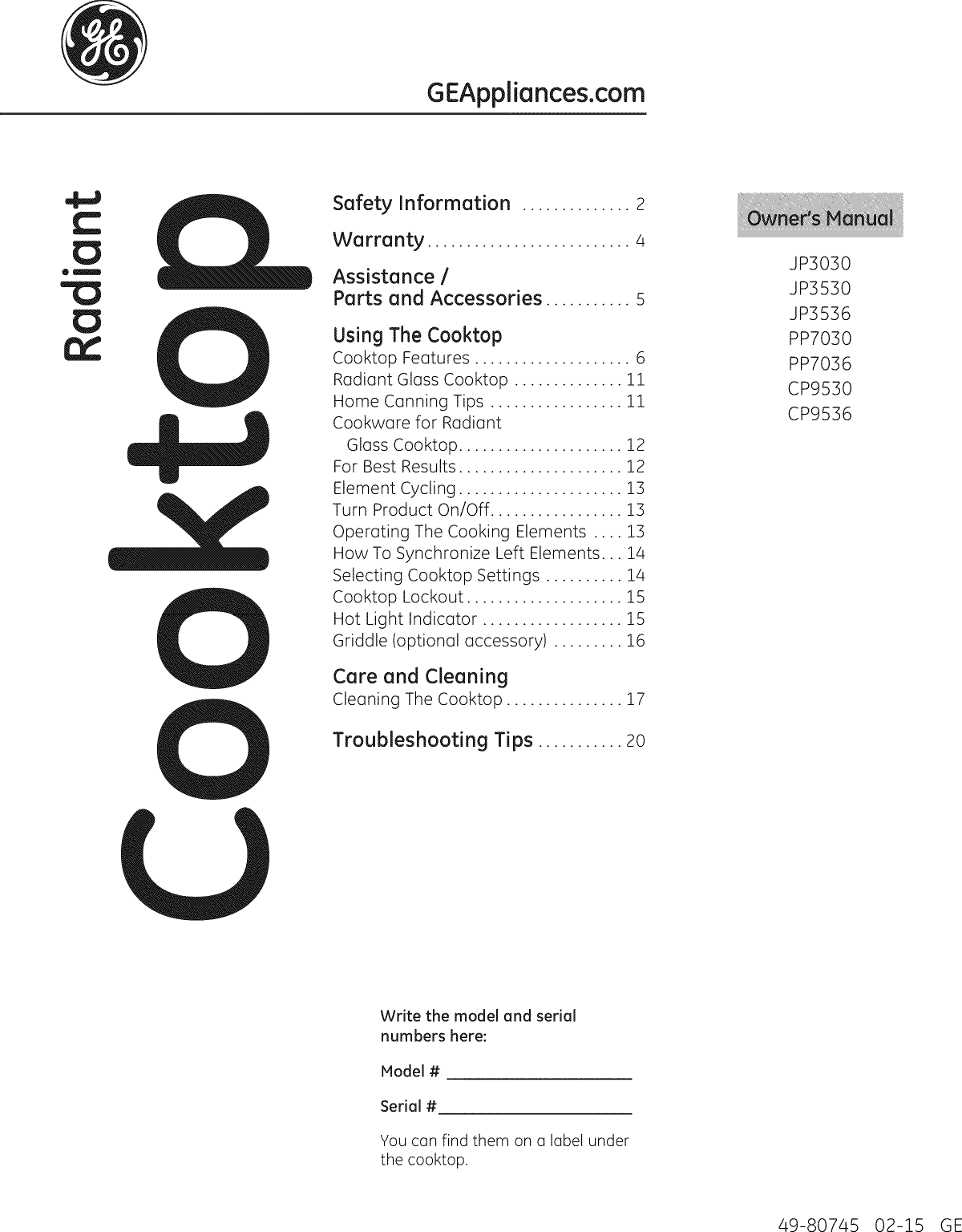 GE CP9530SJ1SS User Manual ELECTRIC COOKTOP Manuals And Guides 1505306L