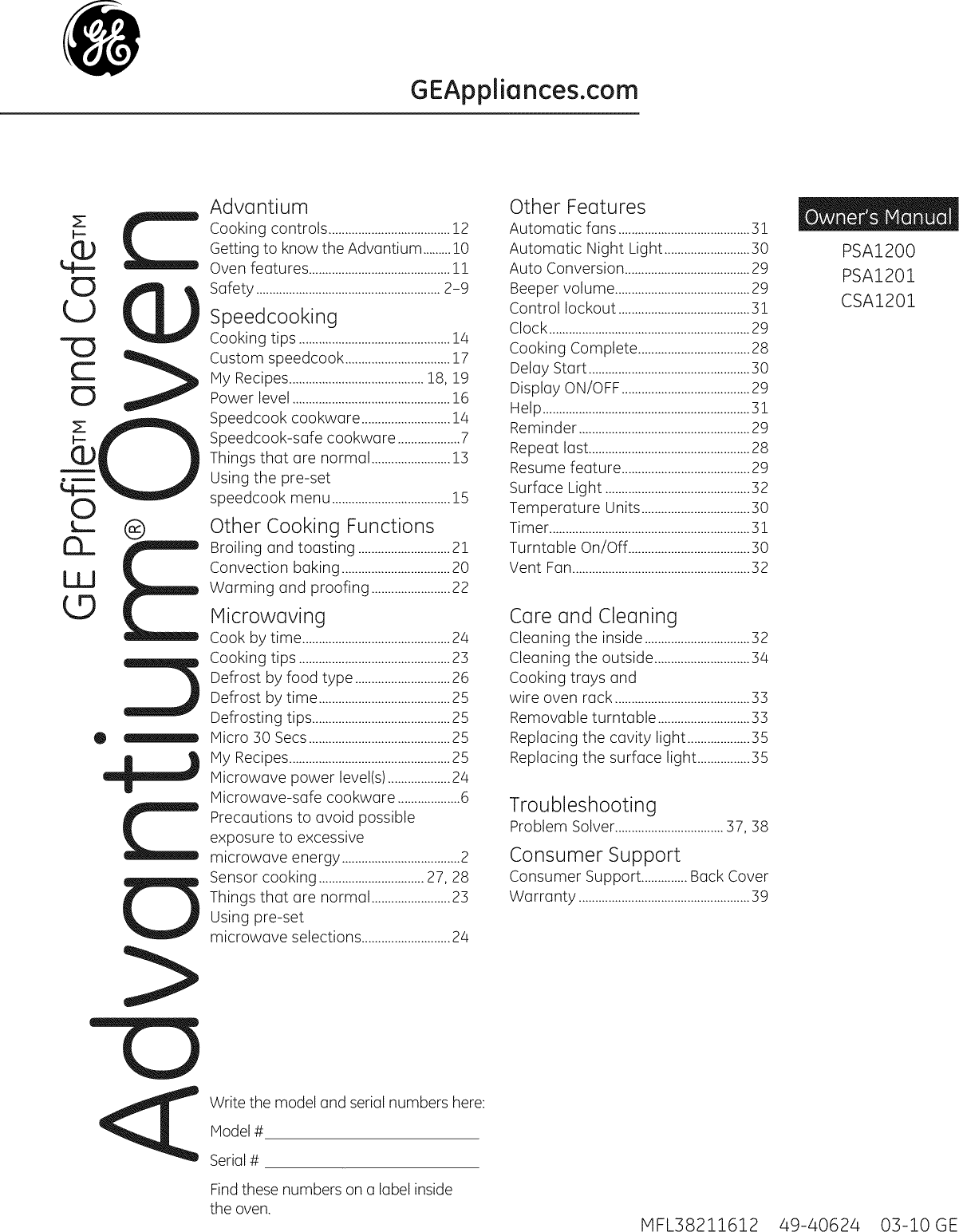 GE CSA1201RSS02 1011698L User Manual MICROWAVE Manuals And Guides