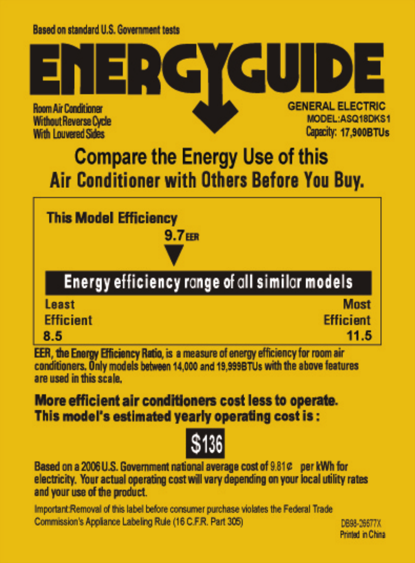 Page 1 of 1 - GE  Energy Guide ASQ18DKS1