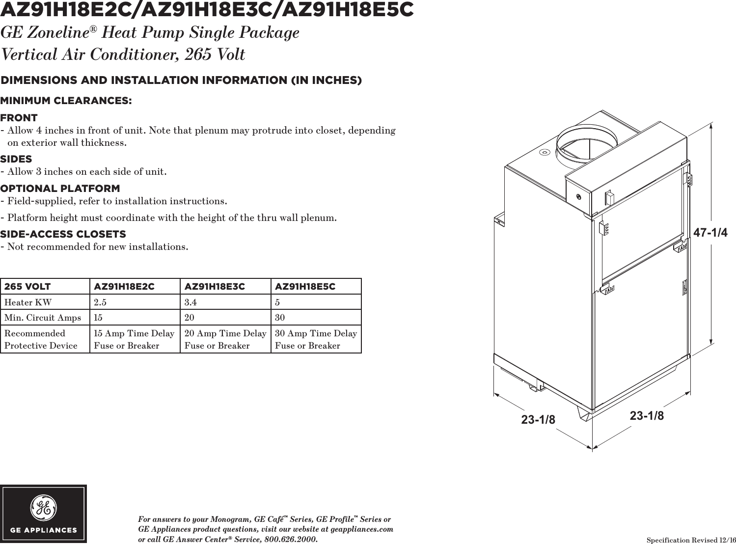 Page 1 of 2 - GE  Quick Specs AZ91H18E2C AZ91H18E3C AZ91H18E5C C2 16