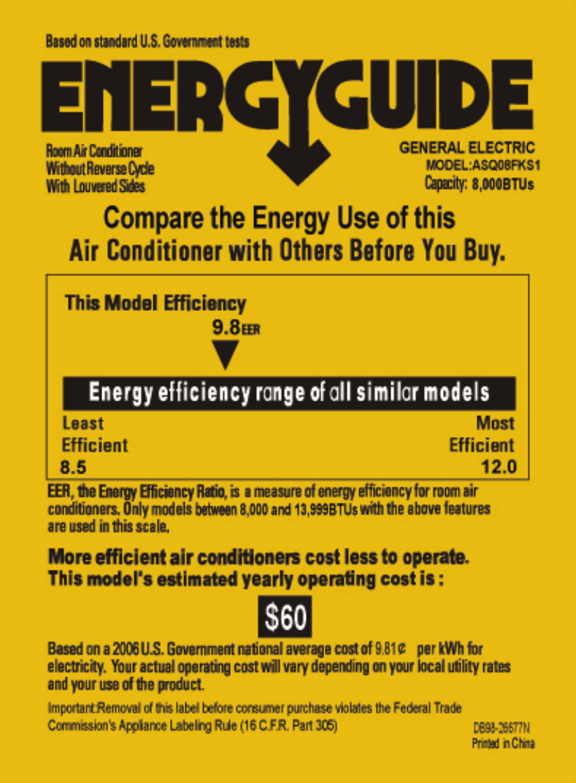 Page 1 of 1 - GE  Energy Guide ASQ08FK